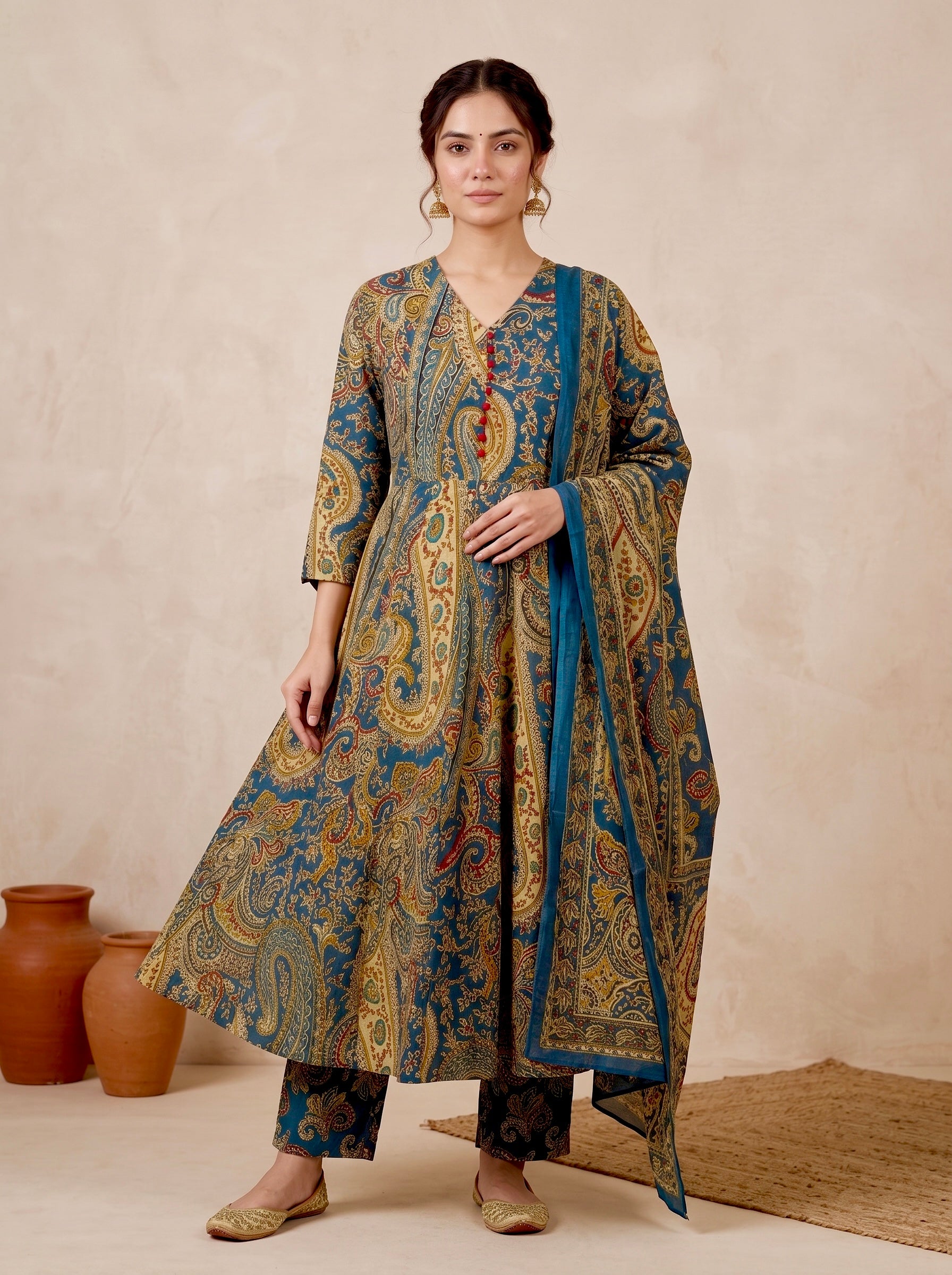 Blue Paisley Printed Cotton Anarkali Set
