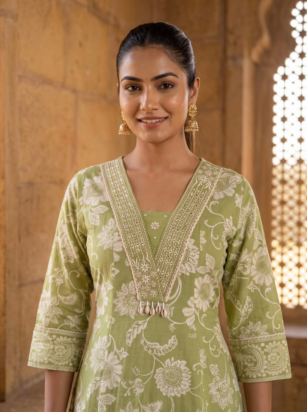 Sage Green Floral Print Premium Cotton Kurta Set