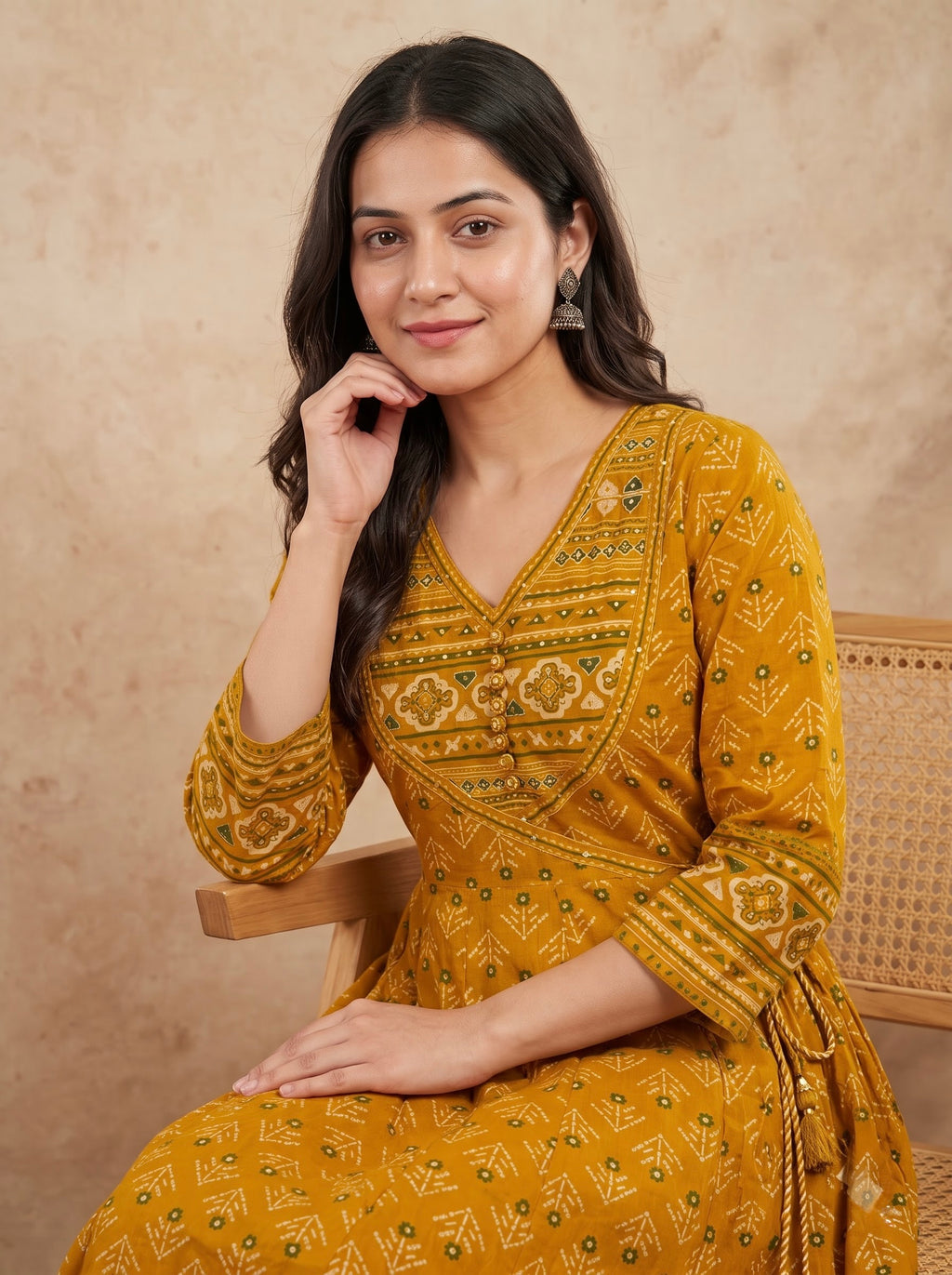 Mustard  Print Premium Cotton Anarkali Kurta Set