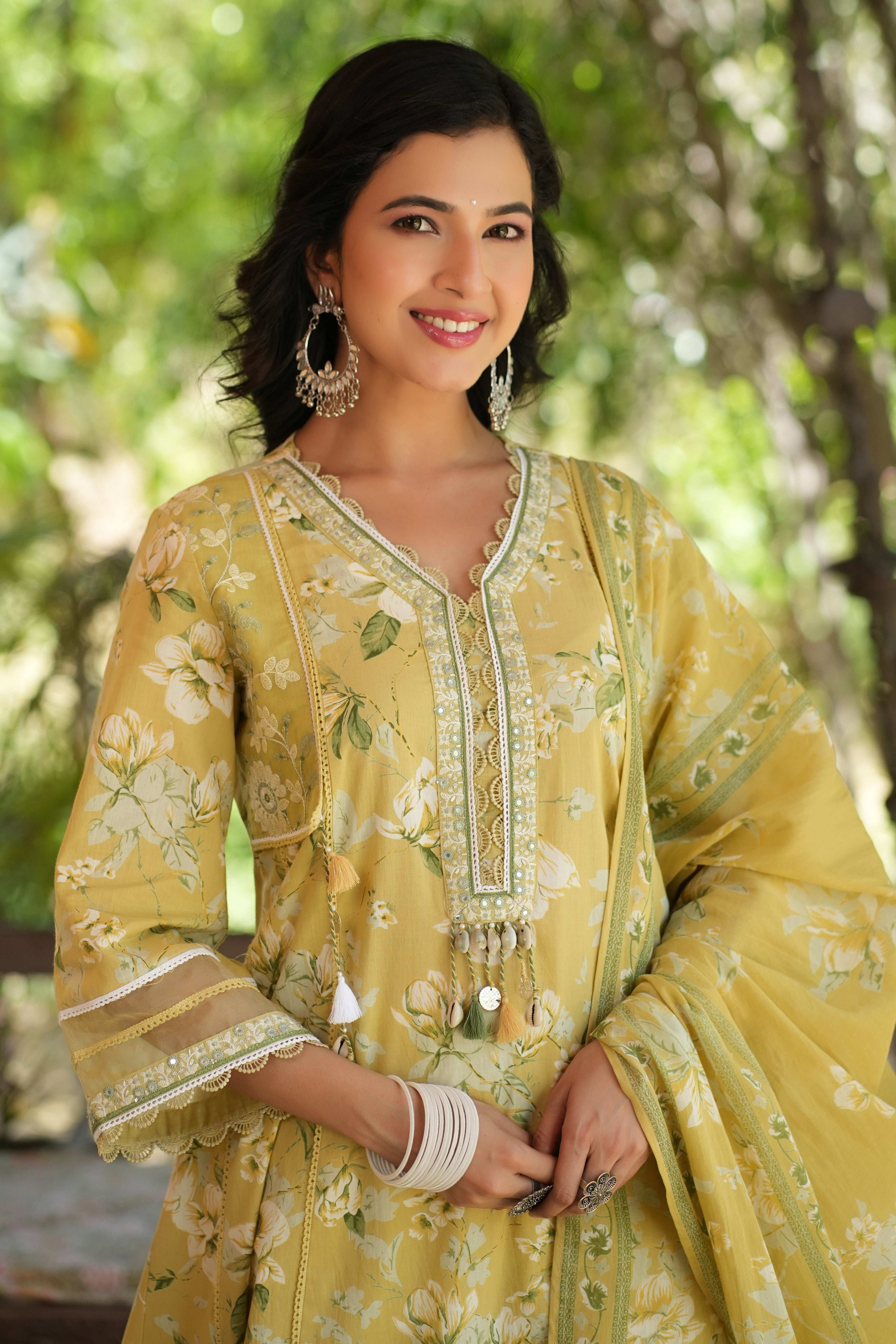 Yellow A-line Anarkali With Border