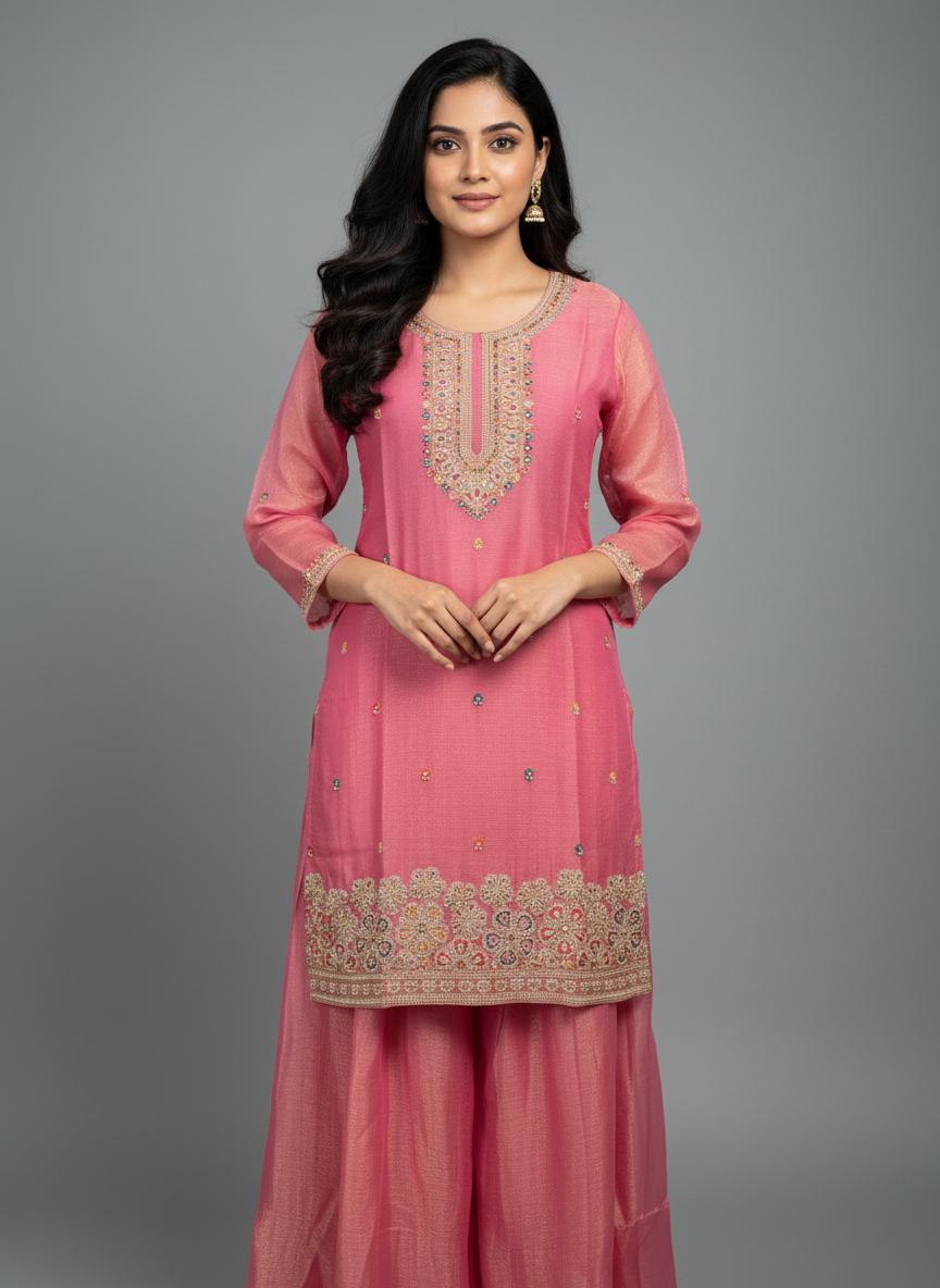 The Amara Floral Embroidered Suit Set - Pink