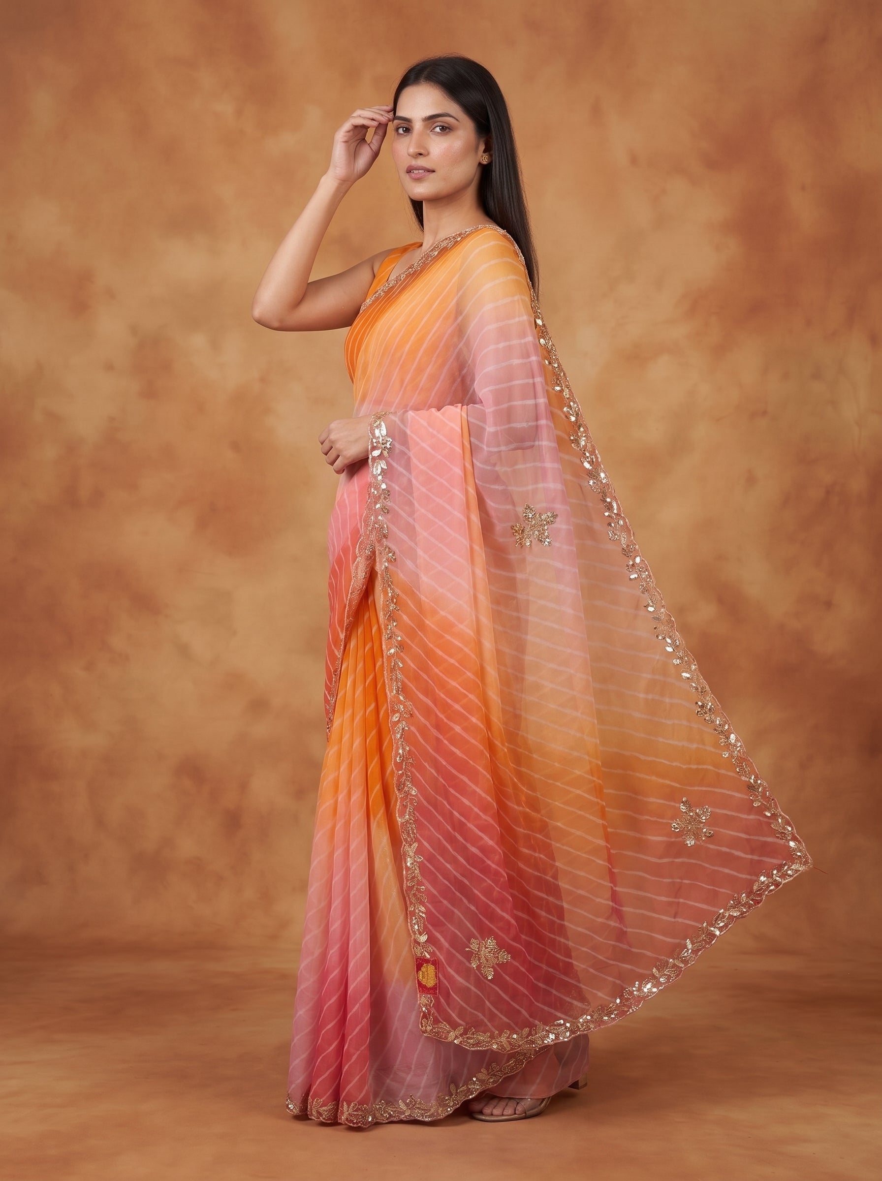 Orange & Peach Ombre Leheriya Georgette Saree with Kat Dana Work & Blouse Piece