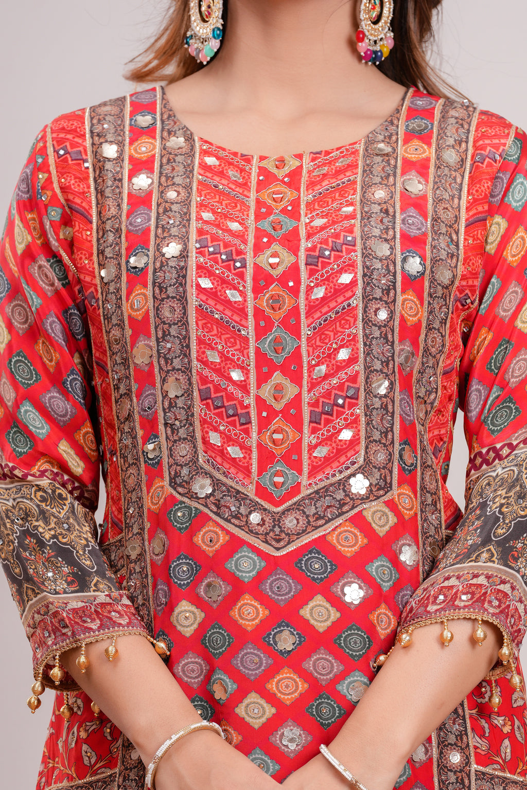 Red Royal Printed Suit Set With Elegant mirror and hand detaling work