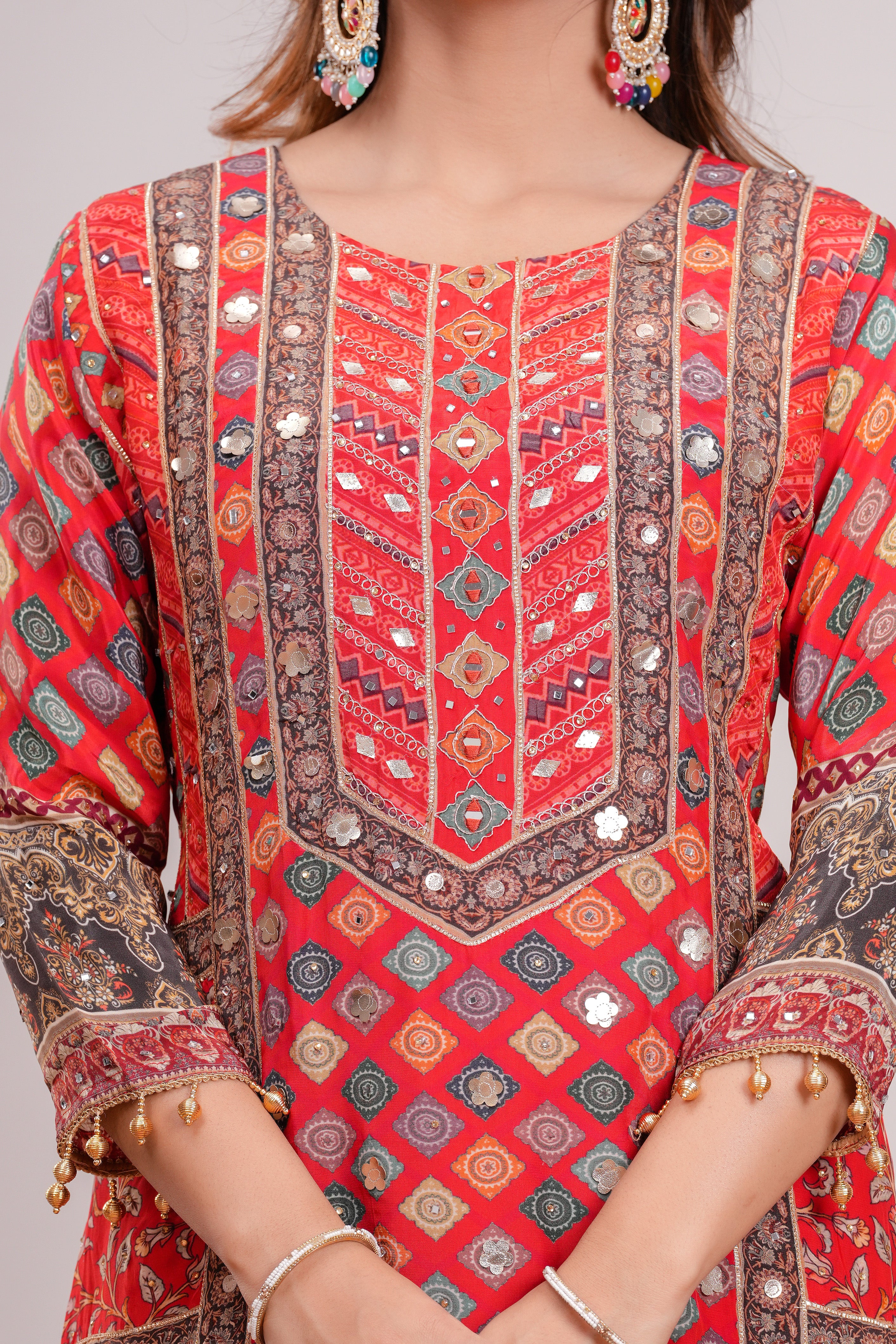 Red Royal Printed Suit Set With Elegant mirror and hand detaling work