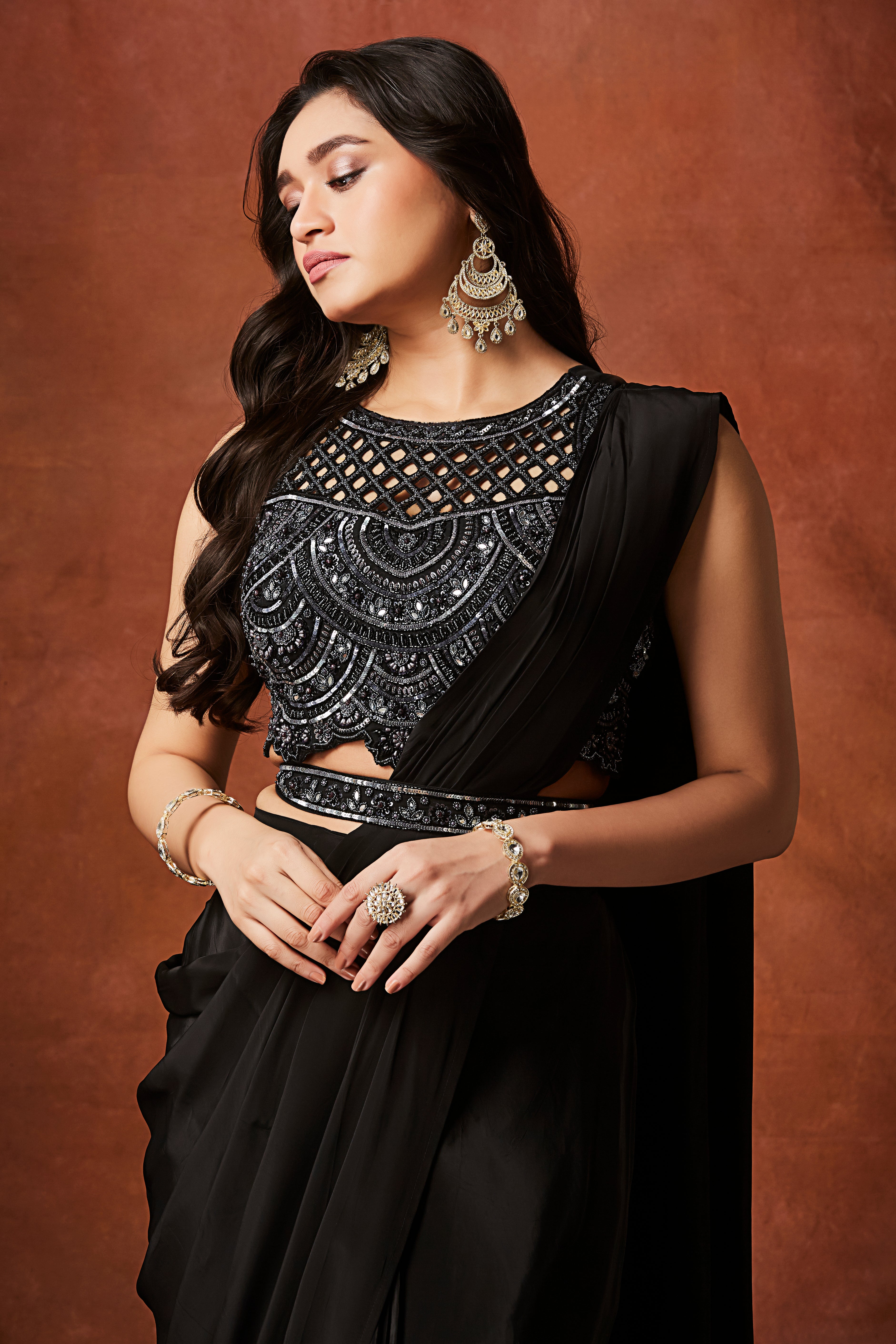 Midnight Glamour Pre-Draped Sequin Saree