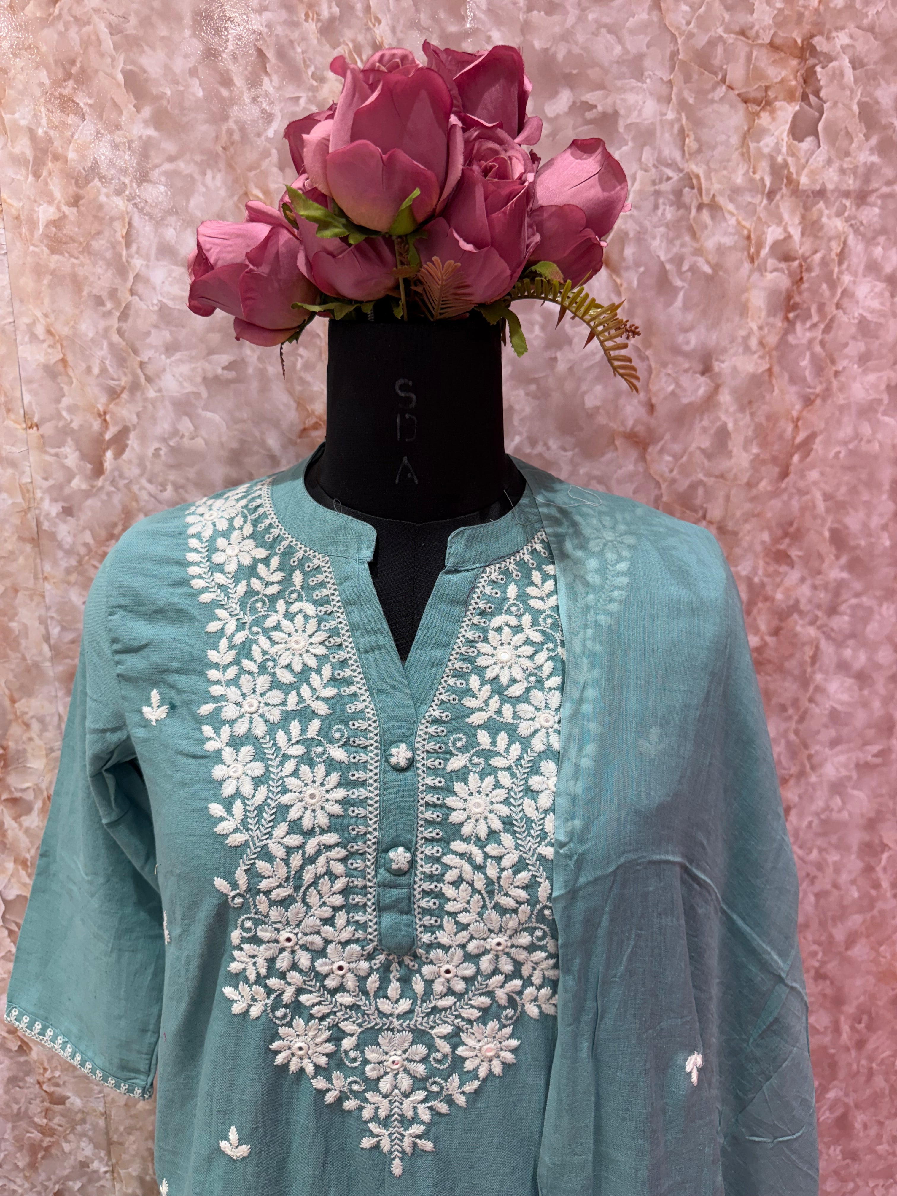 Mint Bloom: Highlight Embroidered Cotton Suit Set