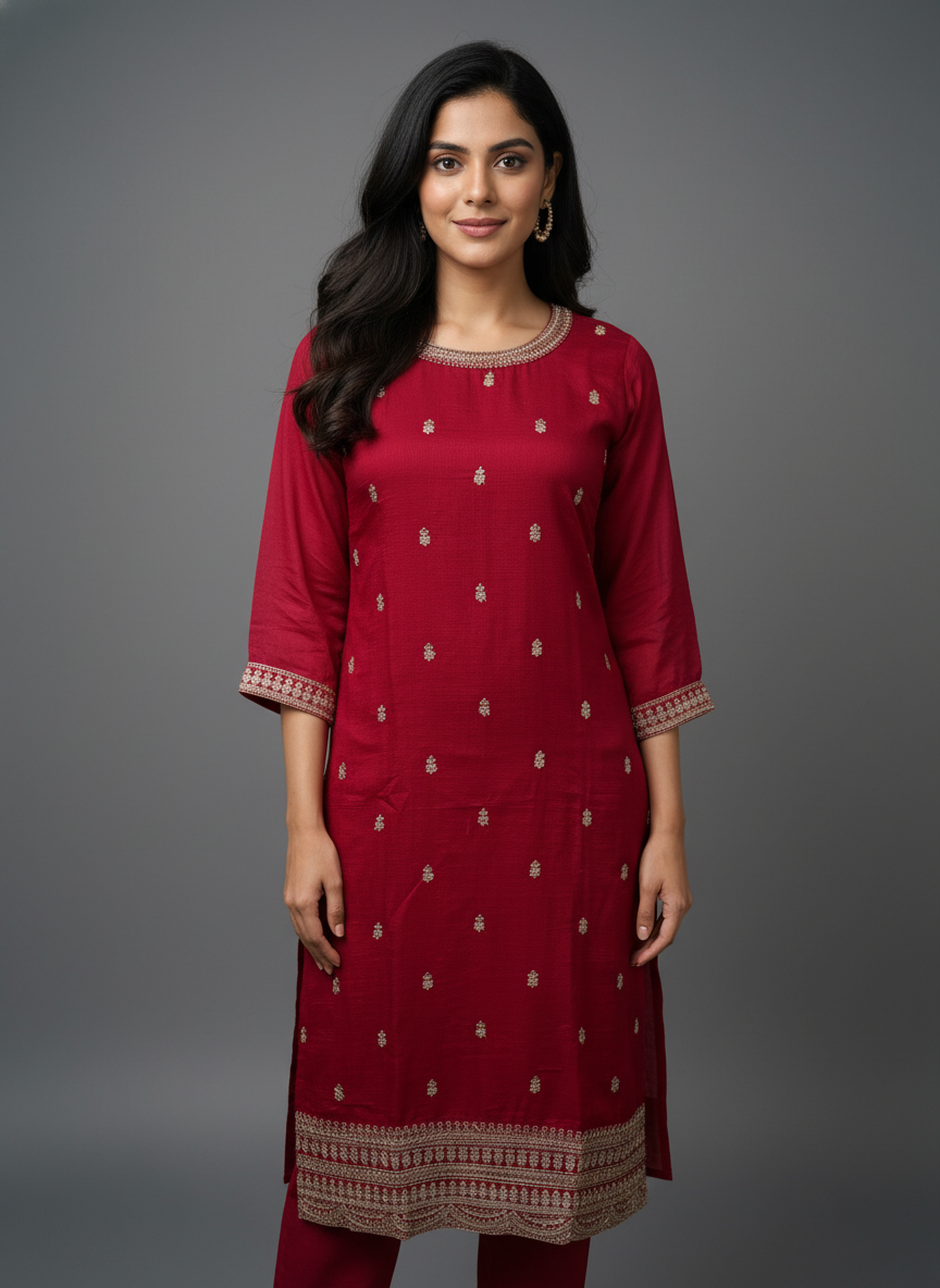 Red Viscose Kurta Set with Zari Embroidery & Sequin Work