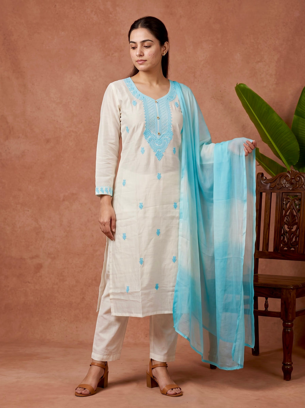 Off-White Chikankari Embroidered Slub Cotton Kurta Set