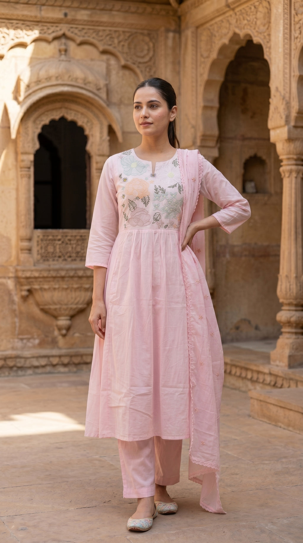 Rose Pink Floral Embroidered Mal Cotton A-Line Suit Set