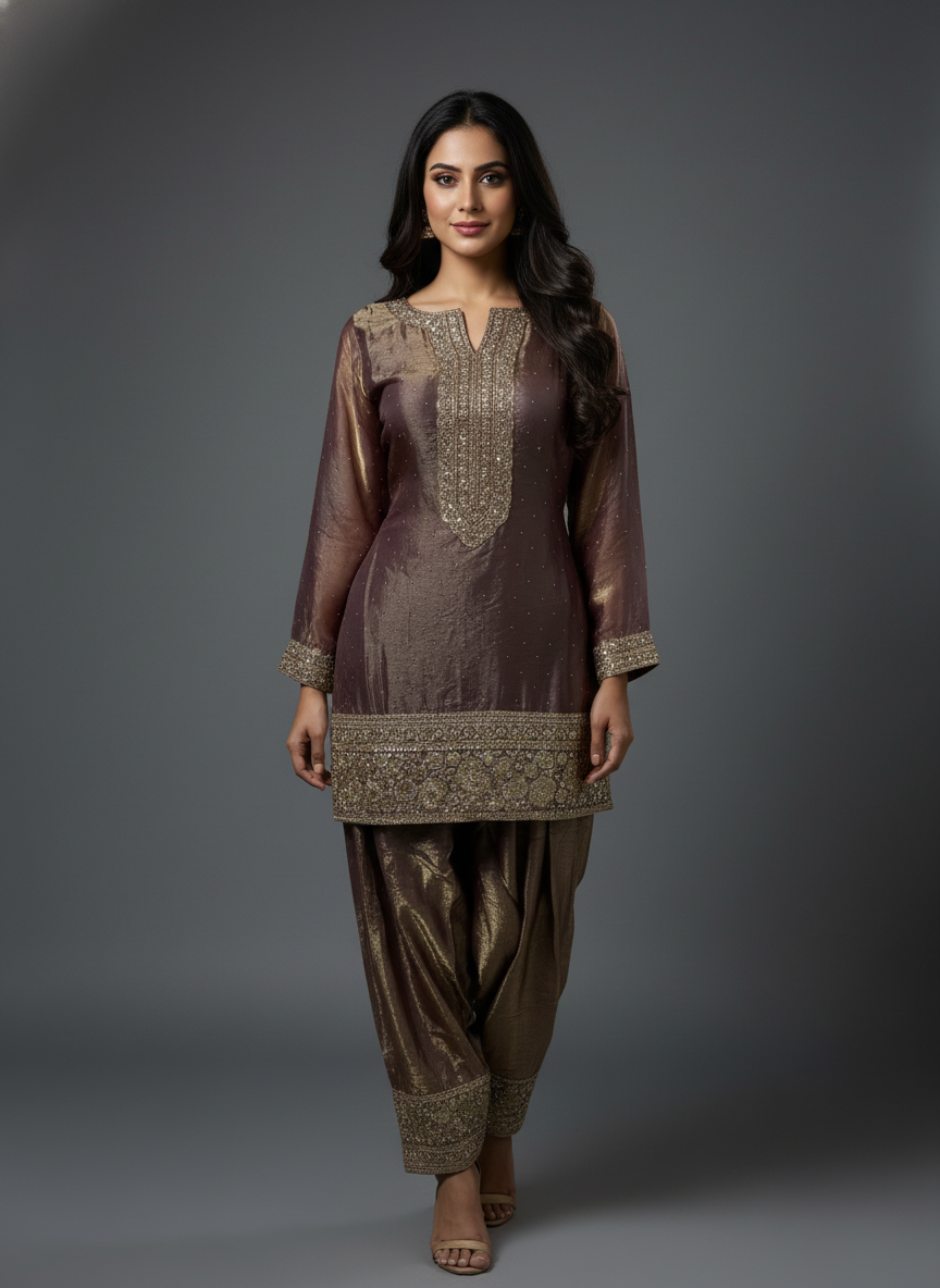 Dusty Brown Two-Tone Silk Blend Farsi Suit with Zari Embroidery