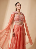 Peach Gucci Crepe Crop Top & Draped Skirt Set with Pearl Embroidered Cape