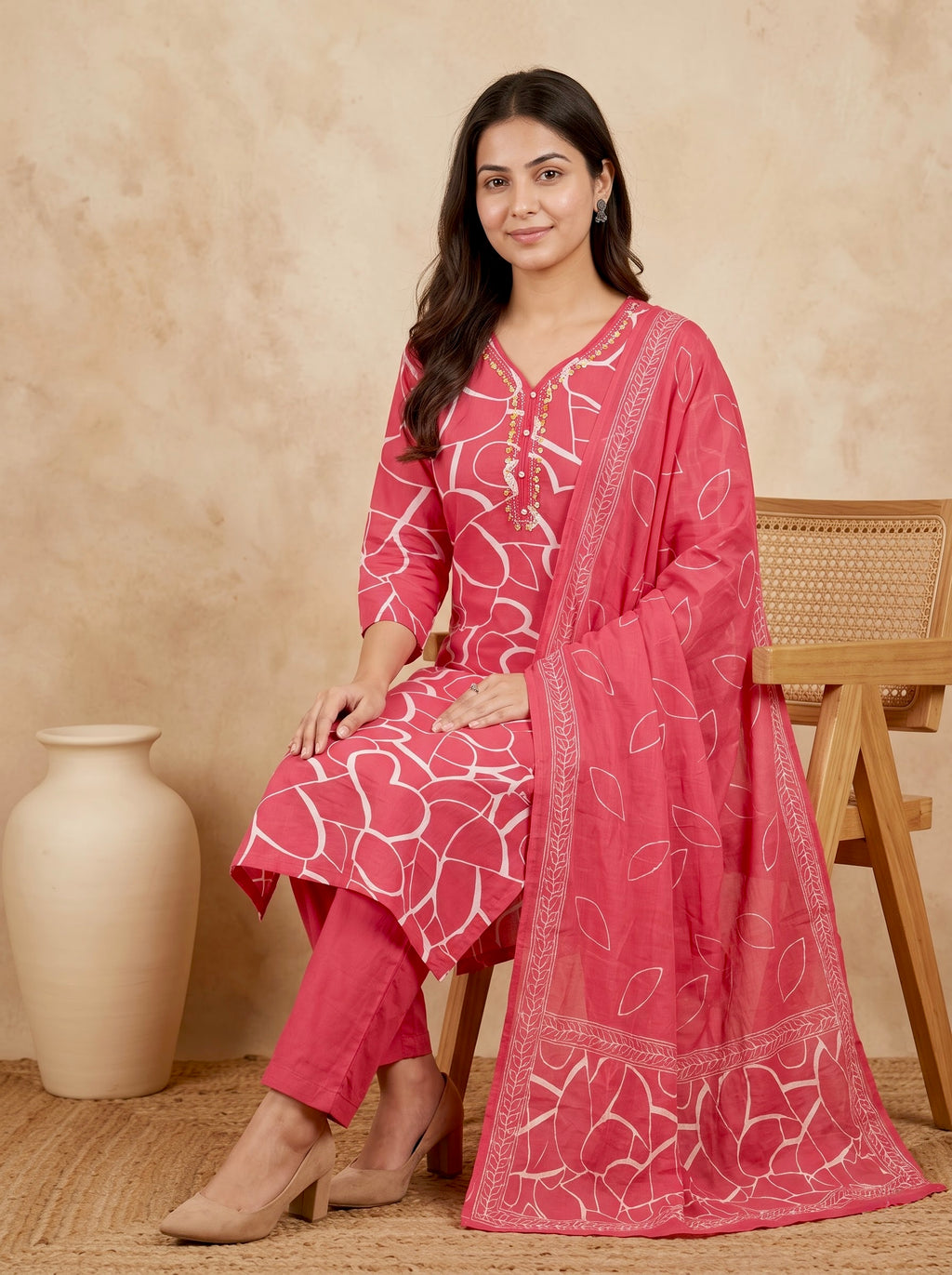 Rose Pink Heart Print Premium Cotton Kurta Set