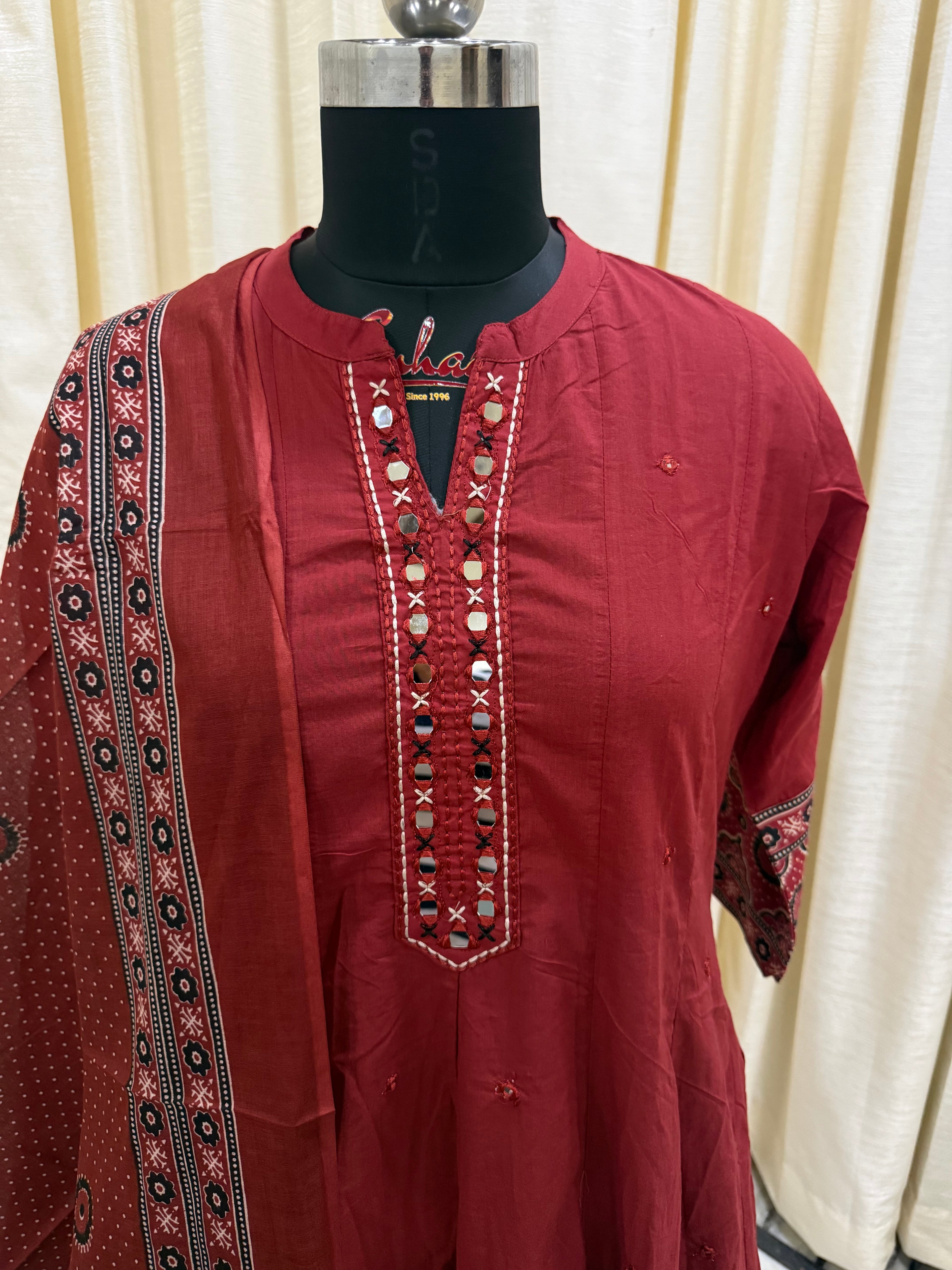 Brick Red Ajrakh Print Anarkali Cotton 3-Piece Suit Set