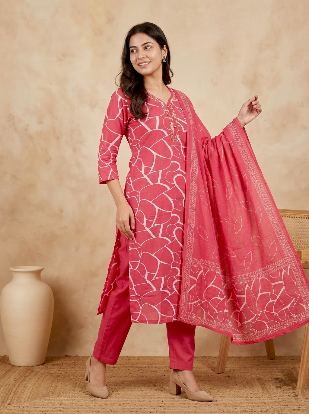 Rose Pink Heart Print Premium Cotton Kurta Set