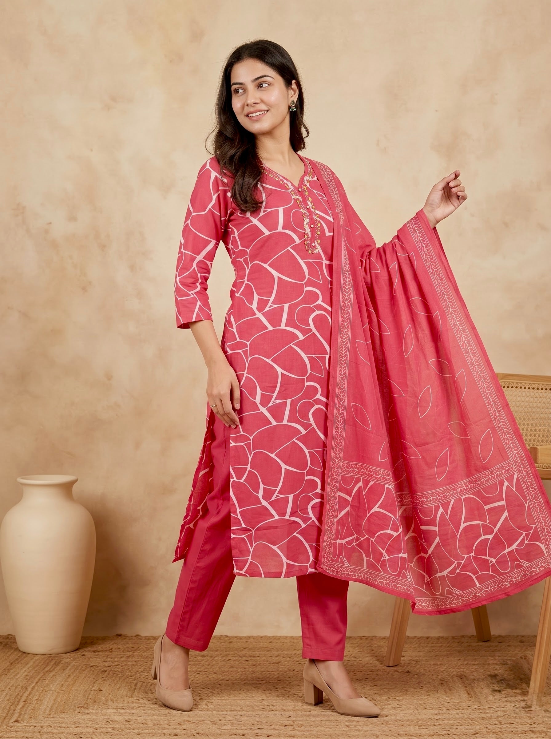 Rose Pink Heart Print Premium Cotton Kurta Set