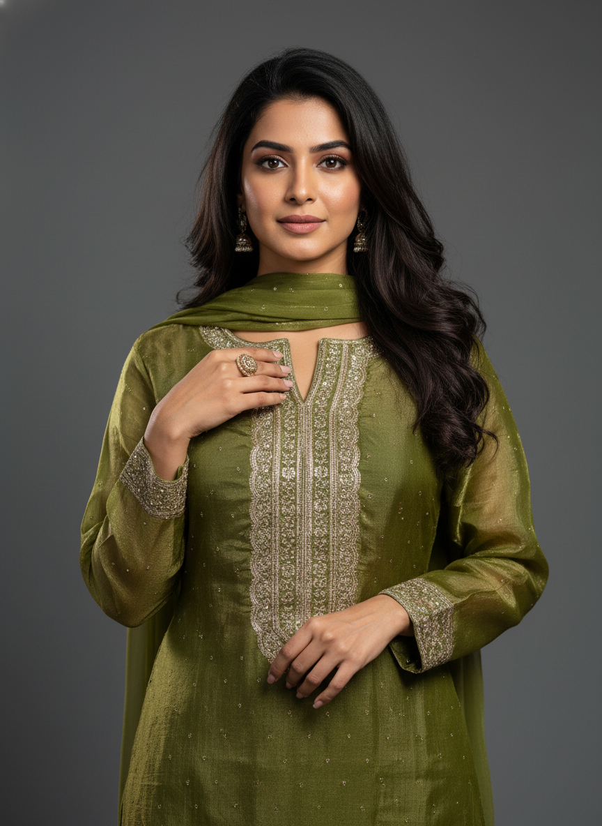 Luxurious Mehendi Green True Tone Silk Patiala Suit