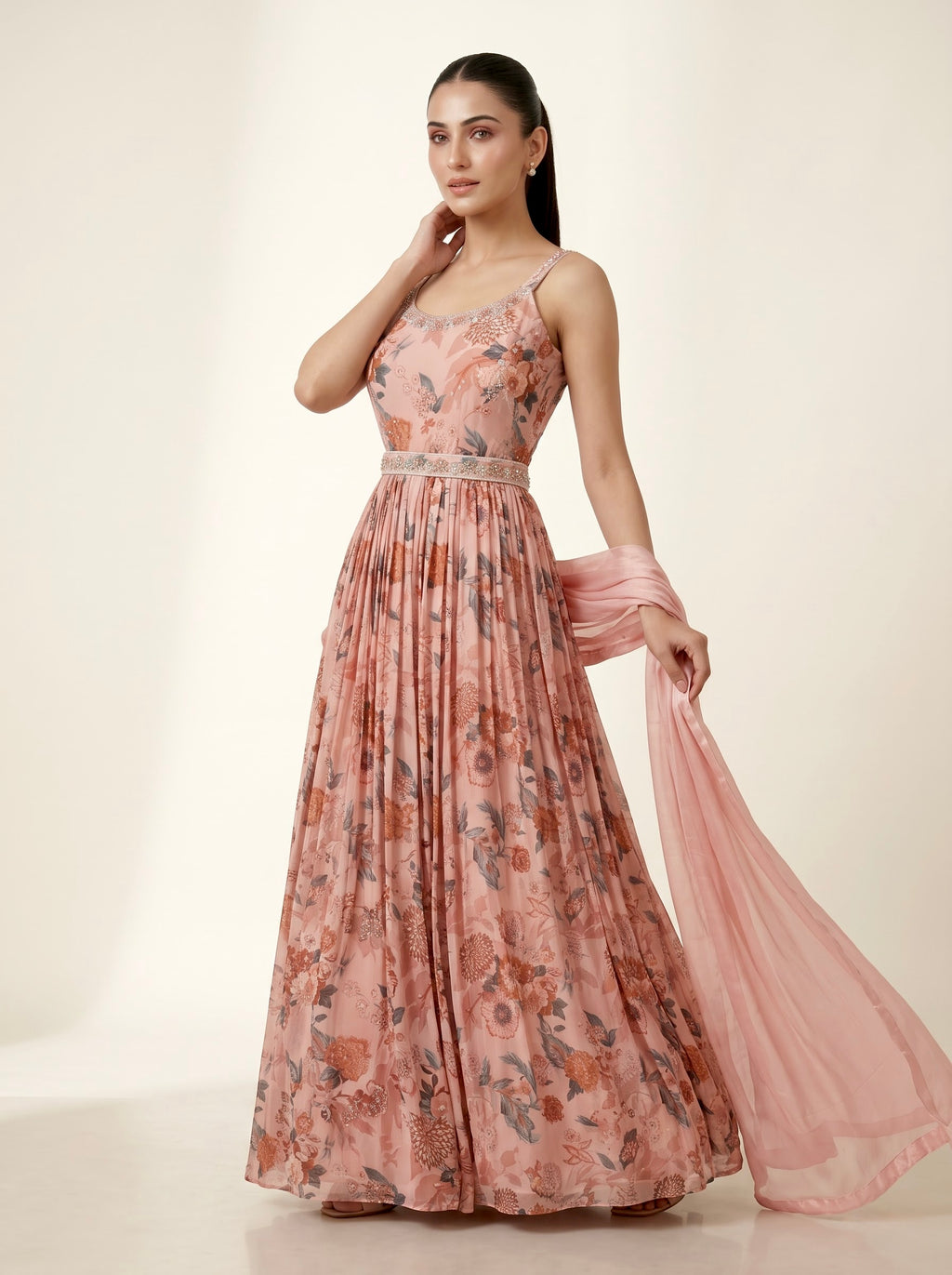 Dusty Pink Floral Print Chinon Crepe Anarkali Gown with Embellished Belt & Dupatta