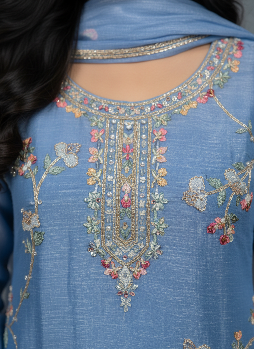 Powder Blue Floral Embroidered Kurta Set