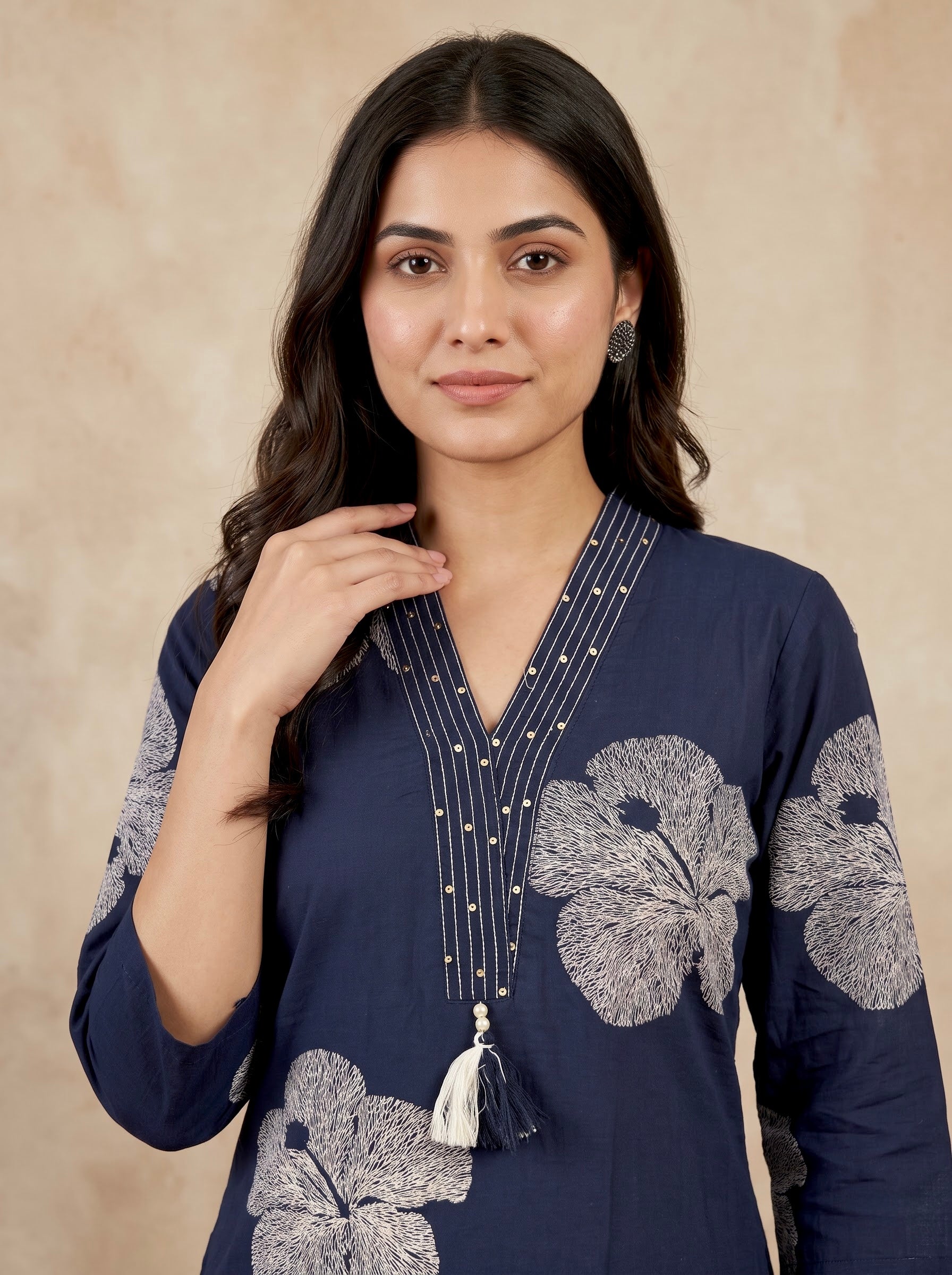 Navy Blue Floral Print Premium Cotton Kurta Pant Set