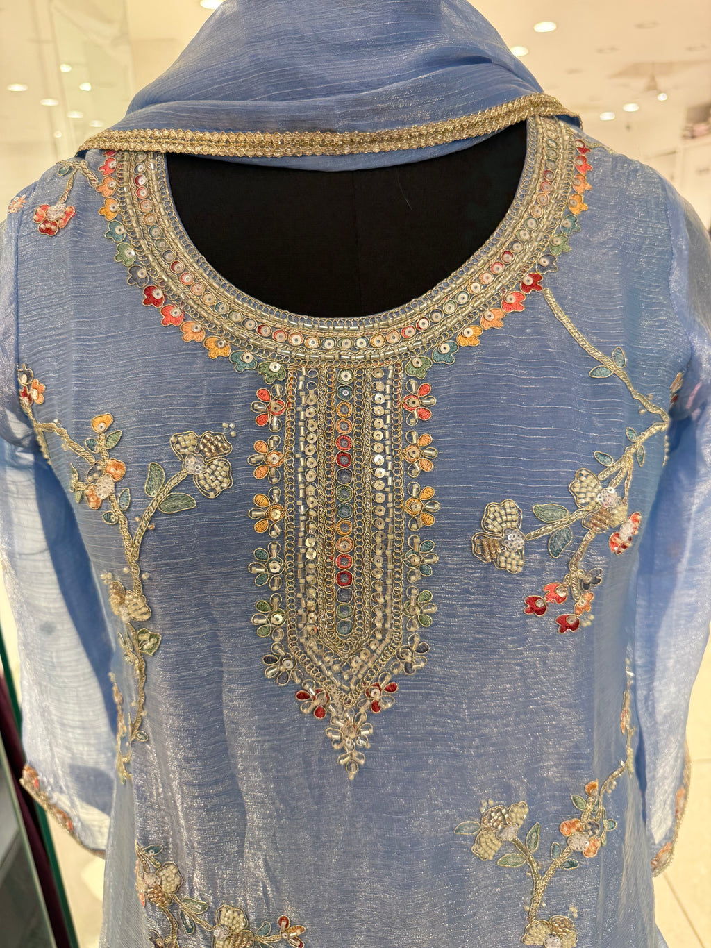 Powder Blue Floral Embroidered Kurta Set