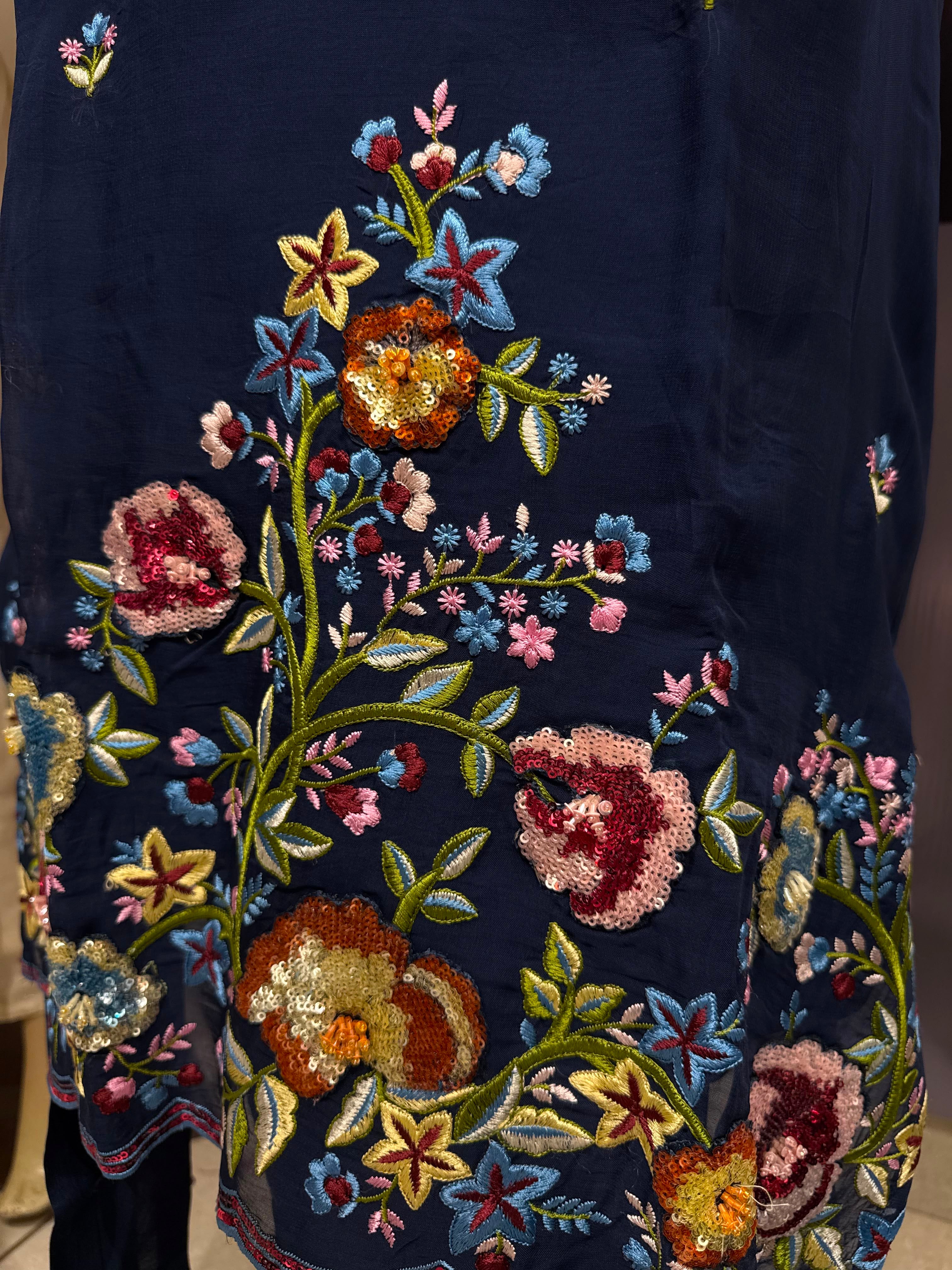 Navy Blue Embroidered Suit Set with Organza Dupatta | Label RS
