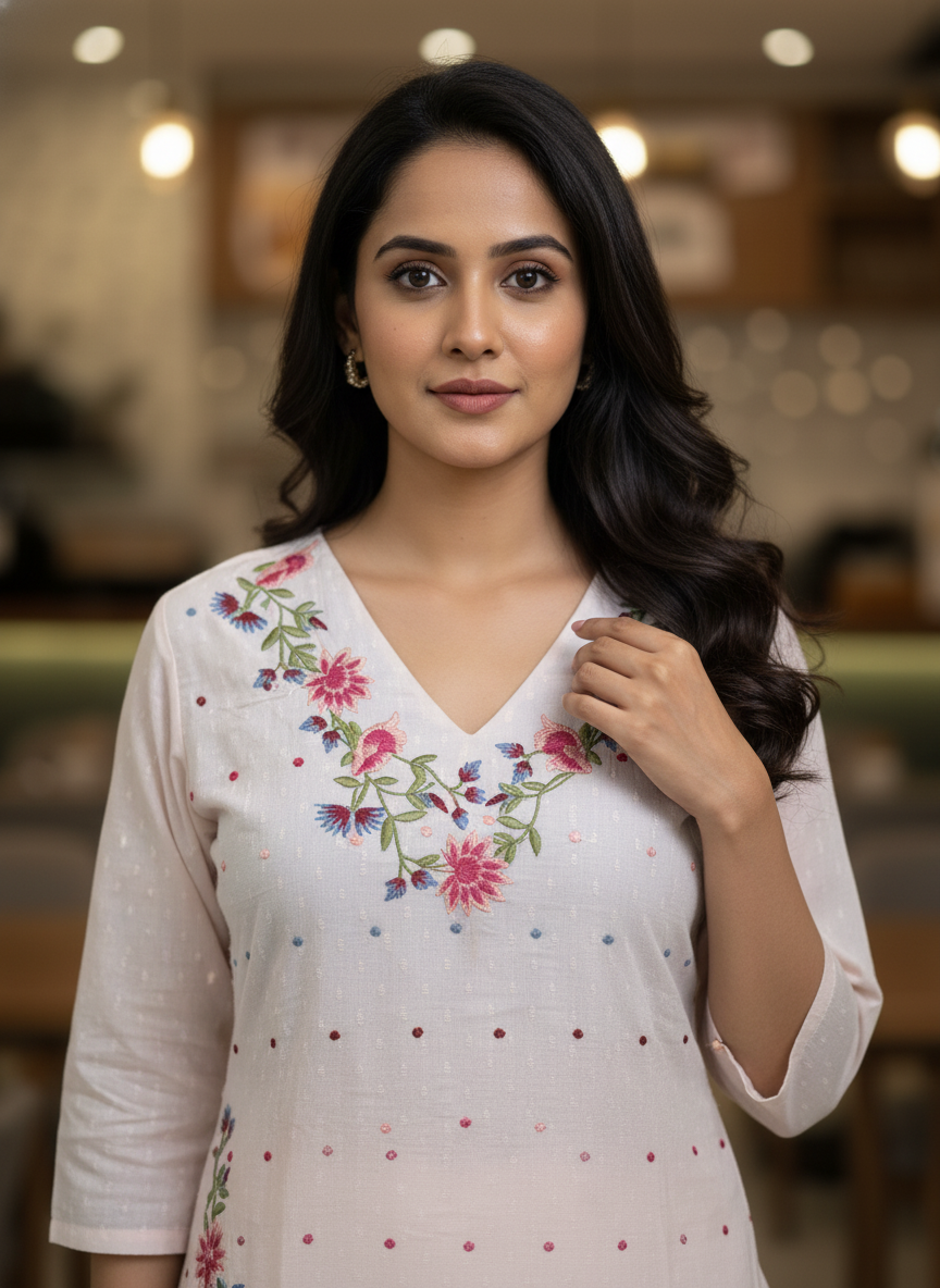 Nude Pink Floral Embroidered Cotton Kurta Set with Scalloped Hem