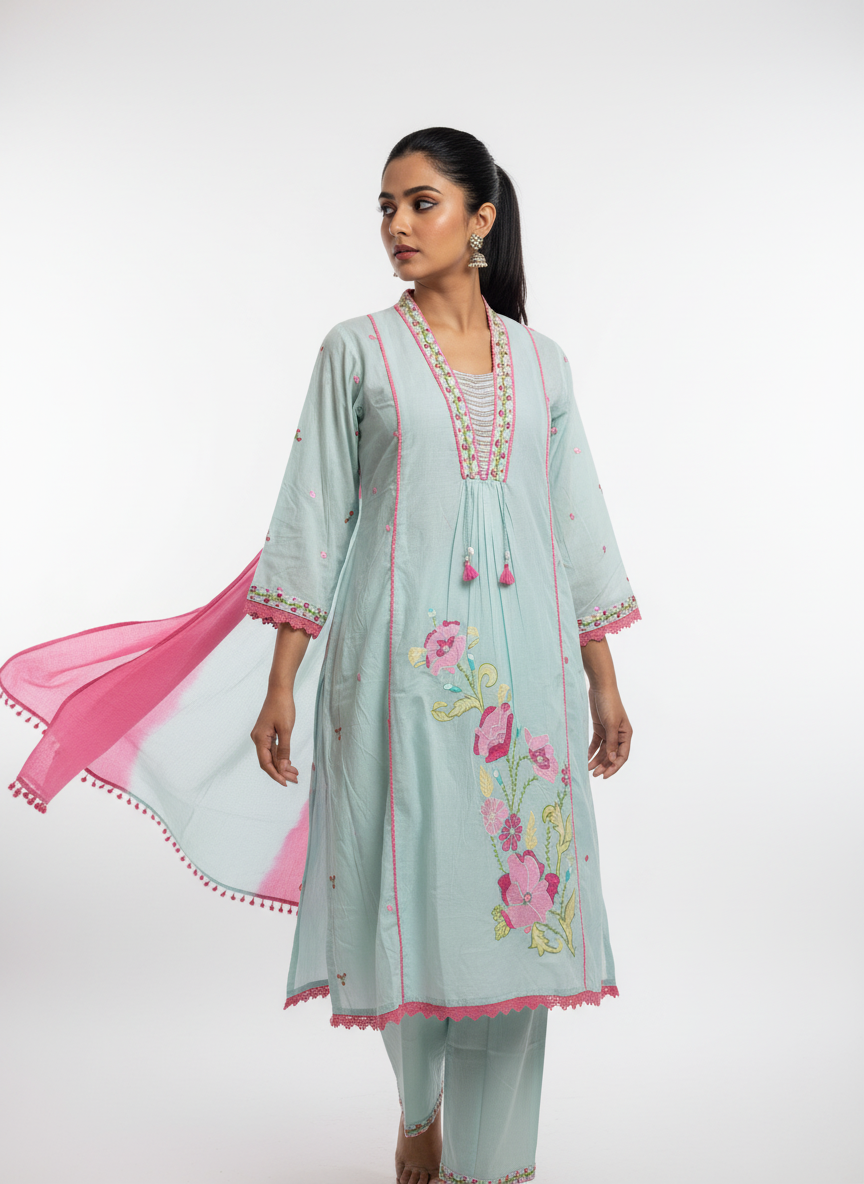 Pastel Mint & Rose Floral Embroidered Cotton Kurta Set with Palazzo