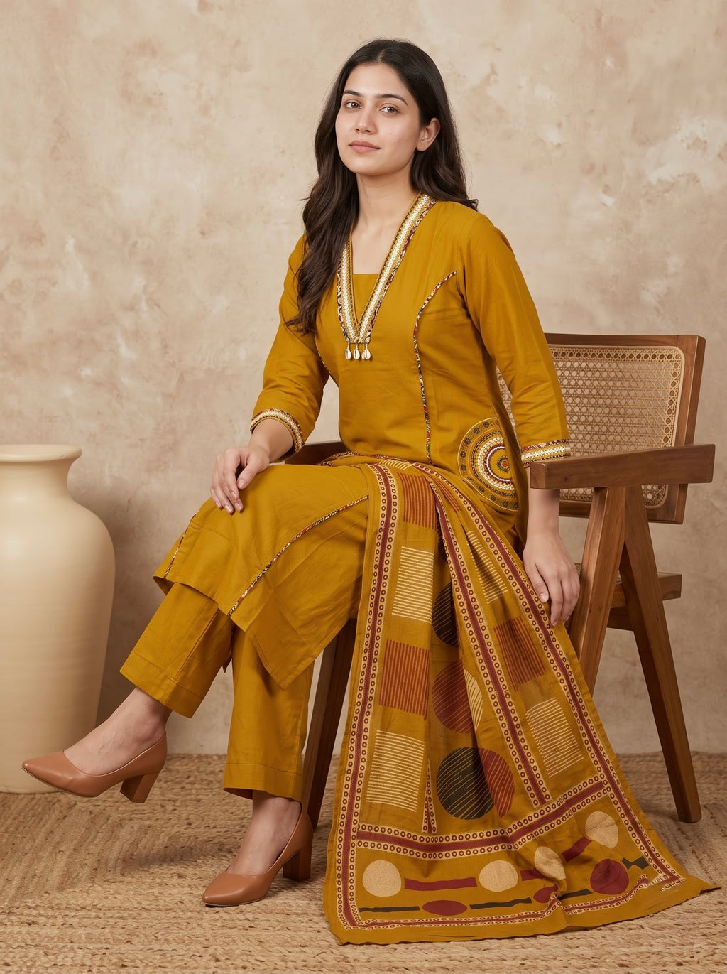 Mustard Yellow Premium Cotton Kurta Set with Kalamkari Dupatta