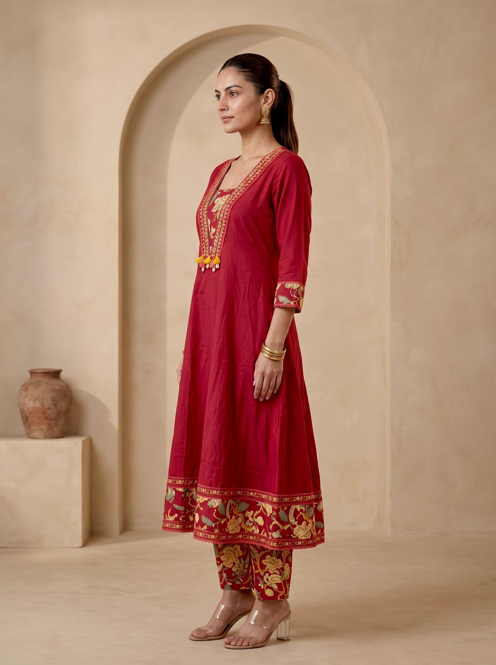 Maroon Floral Border Premium Cotton Anarkali Kurta Set