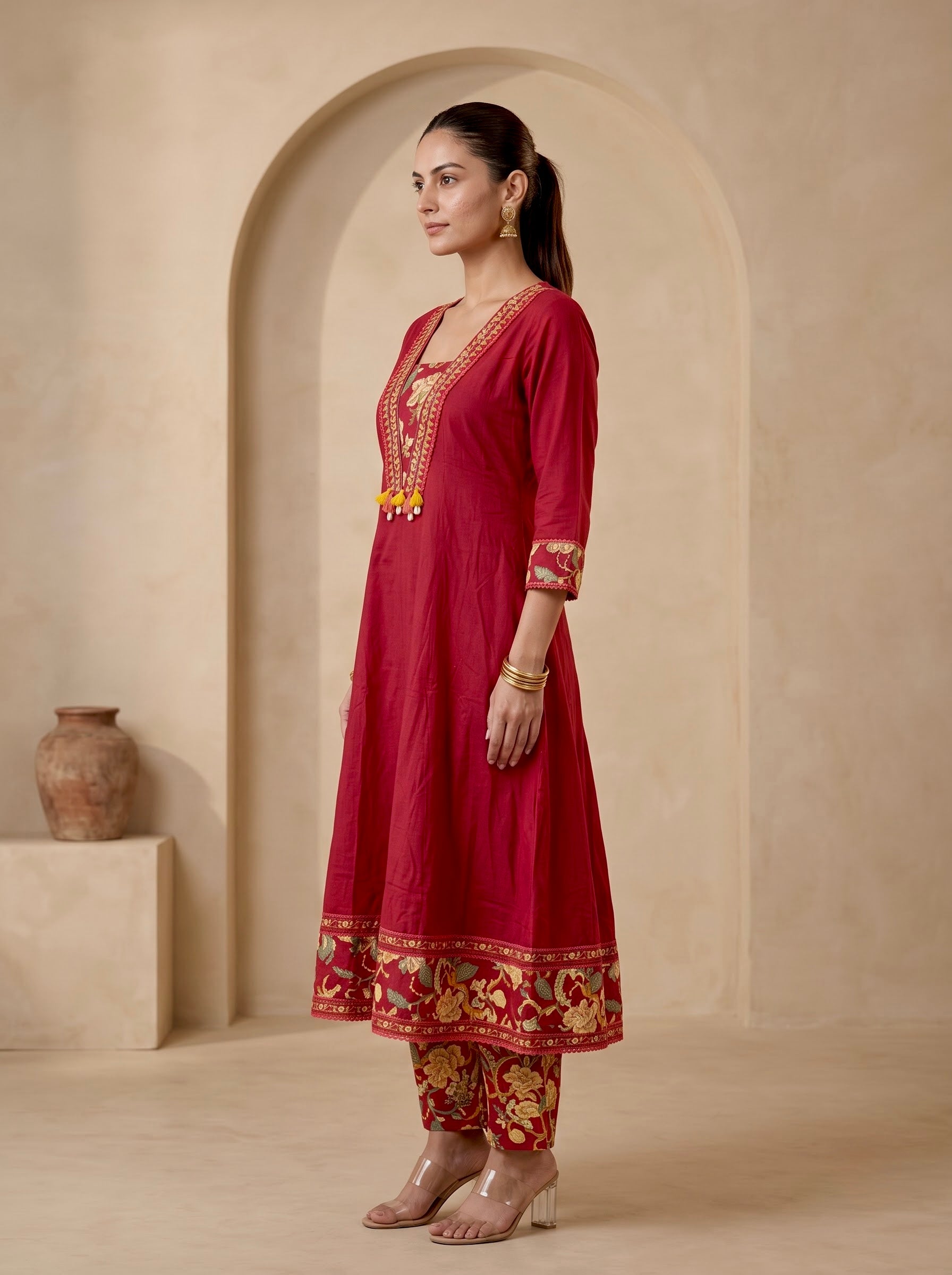 Maroon Floral Border Premium Cotton Anarkali Kurta Set
