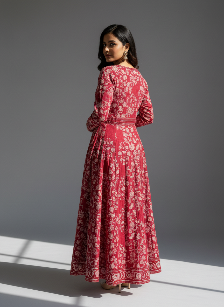 Maroon Floral Anarkali Cotton 3-Piece Suit Set