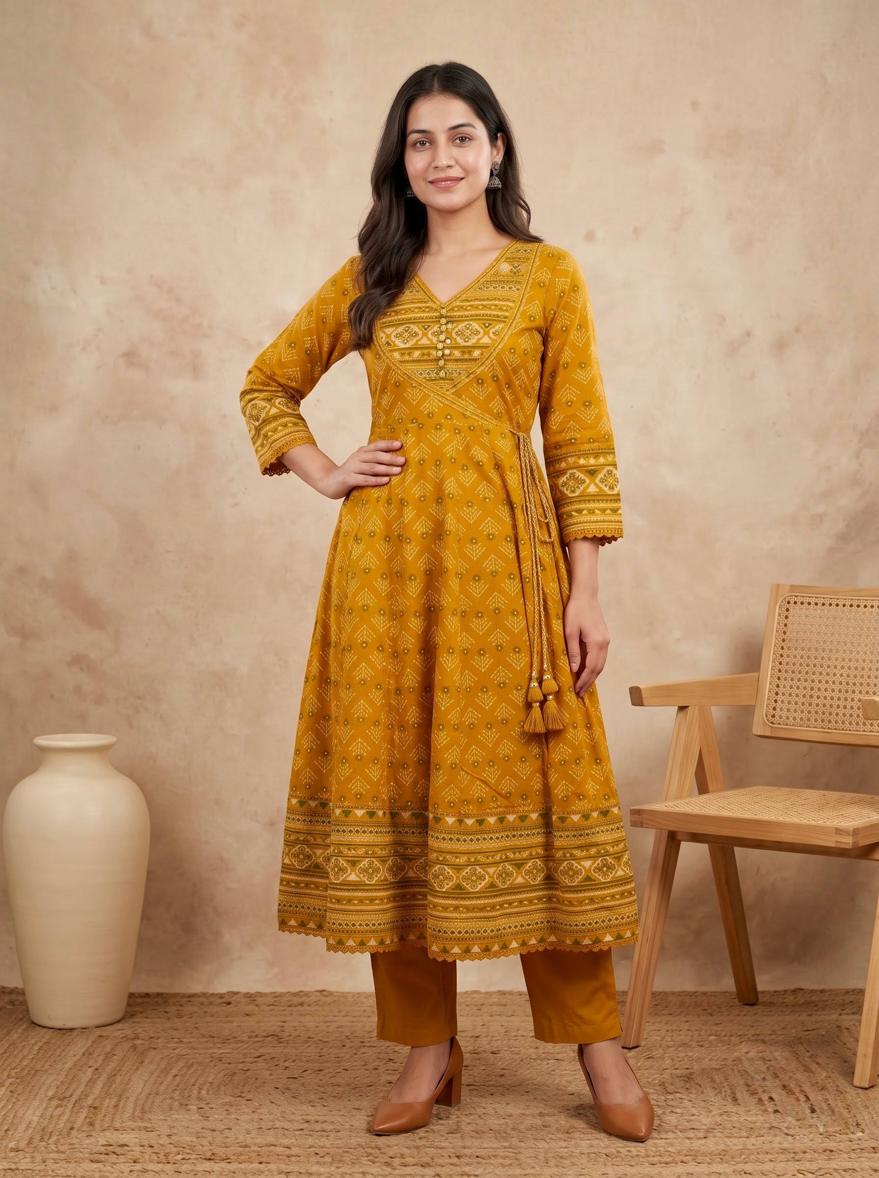 Mustard  Print Premium Cotton Anarkali Kurta Set