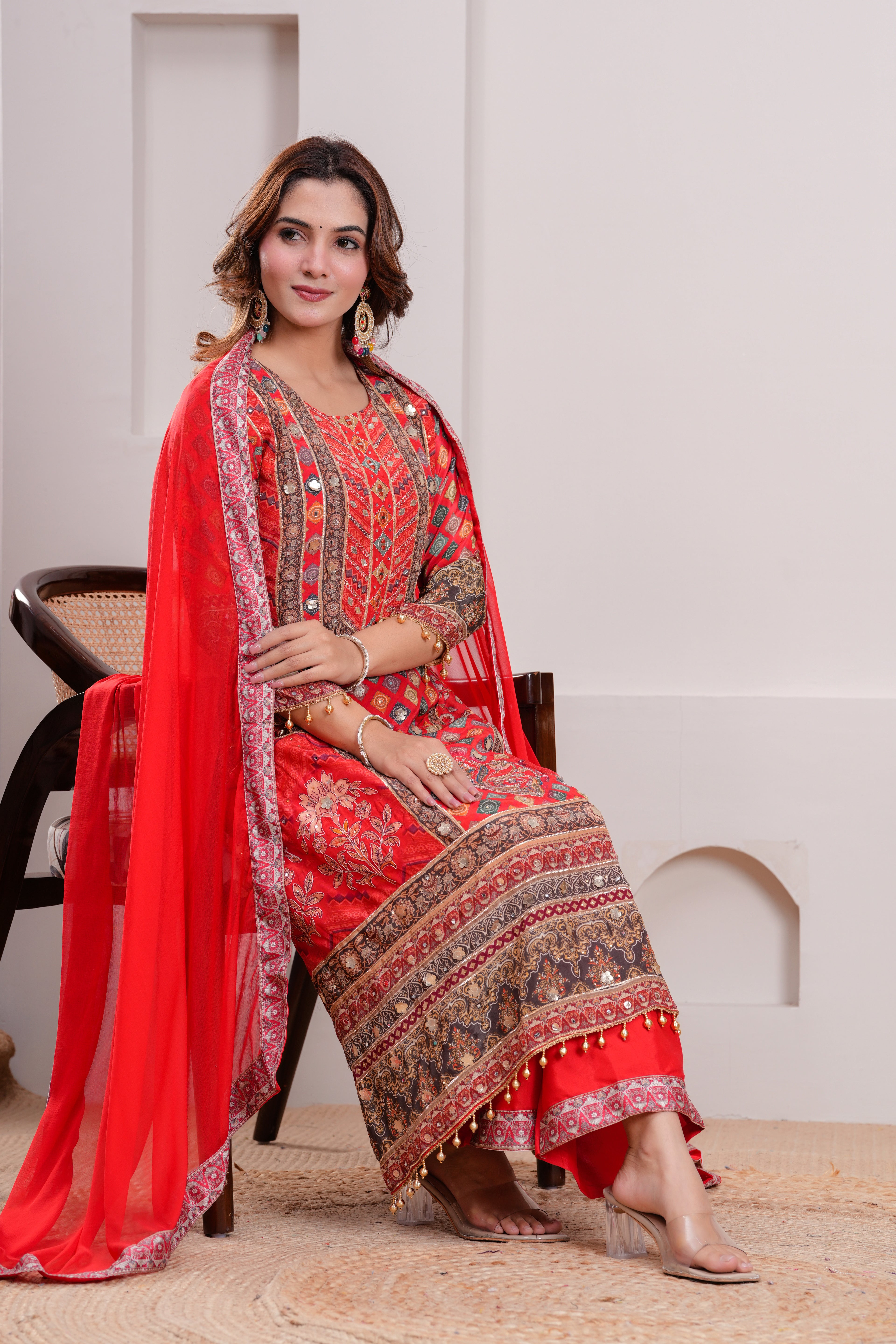 Red Royal Printed Suit Set With Elegant mirror and hand detaling work