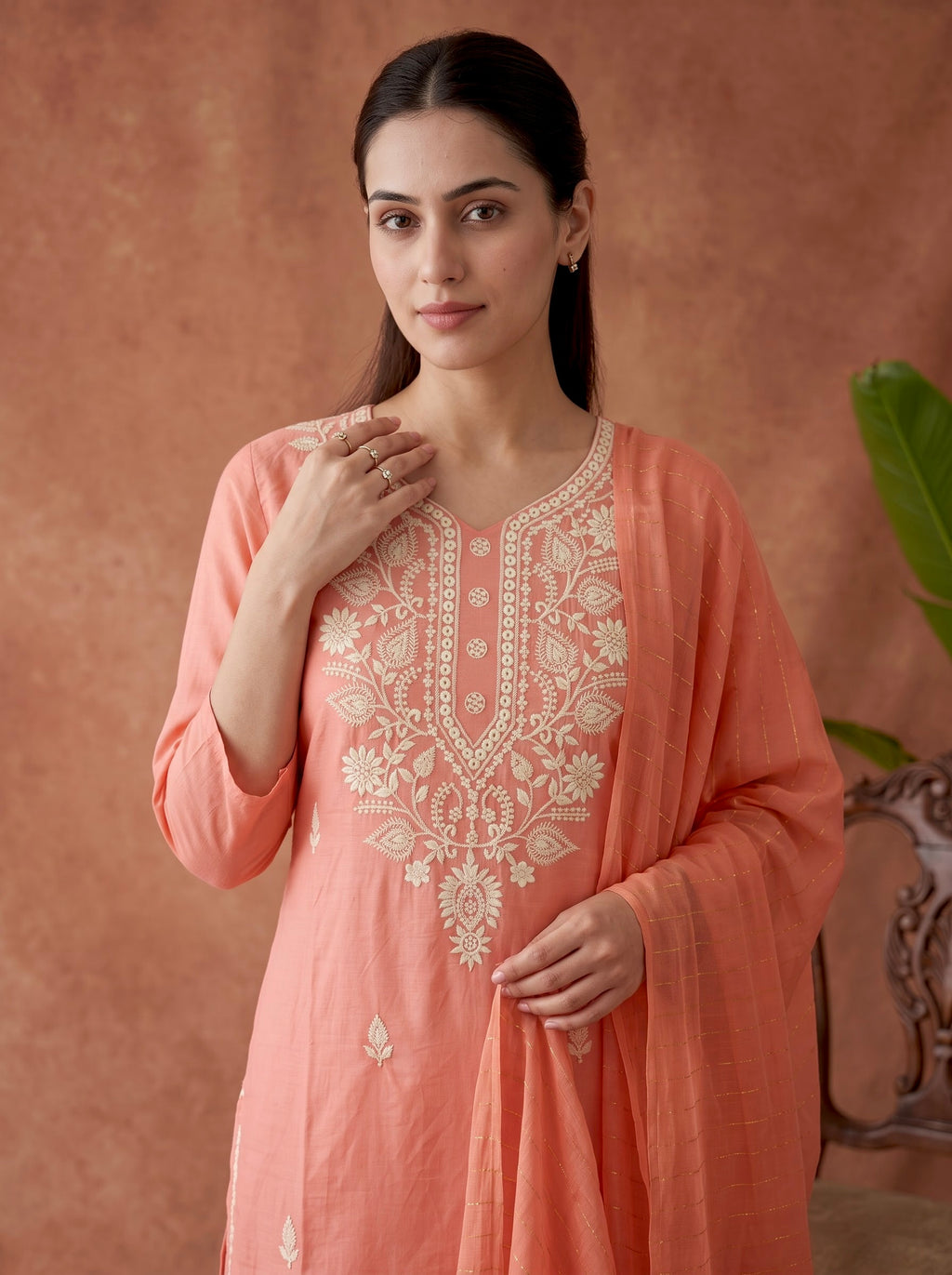 Peach Chikankari Embroidered Slub Cotton Kurta Set