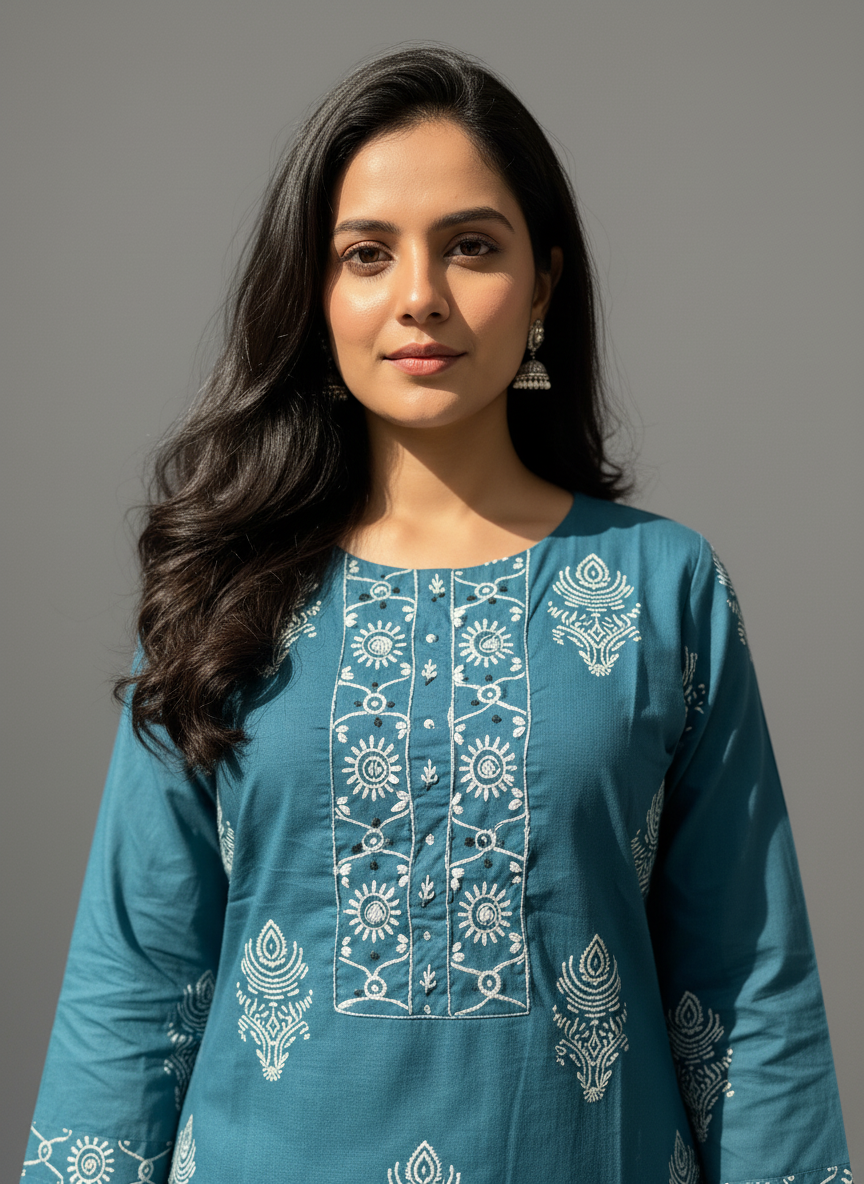 Teal Blue Mandala Print Cotton Kurta Set with Dupatta