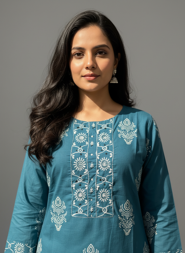 Teal Blue Mandala Print Cotton Kurta Set with Dupatta
