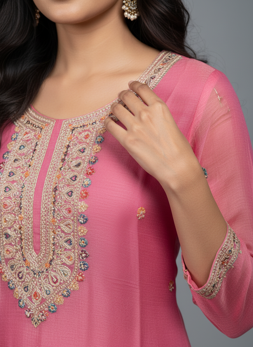 The Amara Floral Embroidered Suit Set - Pink