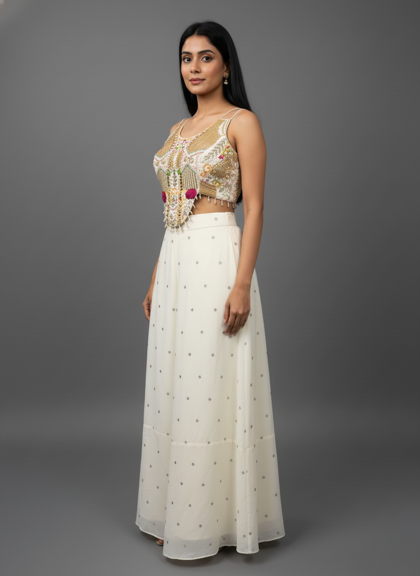 Ivory Georgette Flared Palazzo Set with Embellished Crop Top