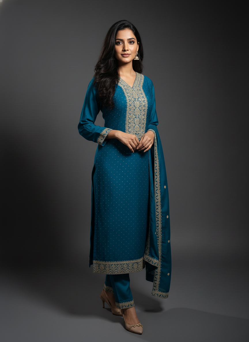 Regal Firozi Viscose Suit Set with Heavy Gold Zari Embroidery