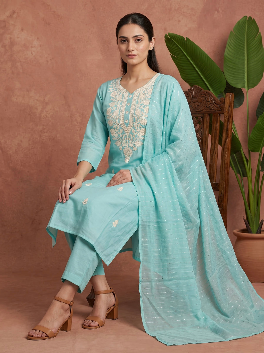 Sky Blue Chikankari Embroidered Slub Cotton Kurta Set