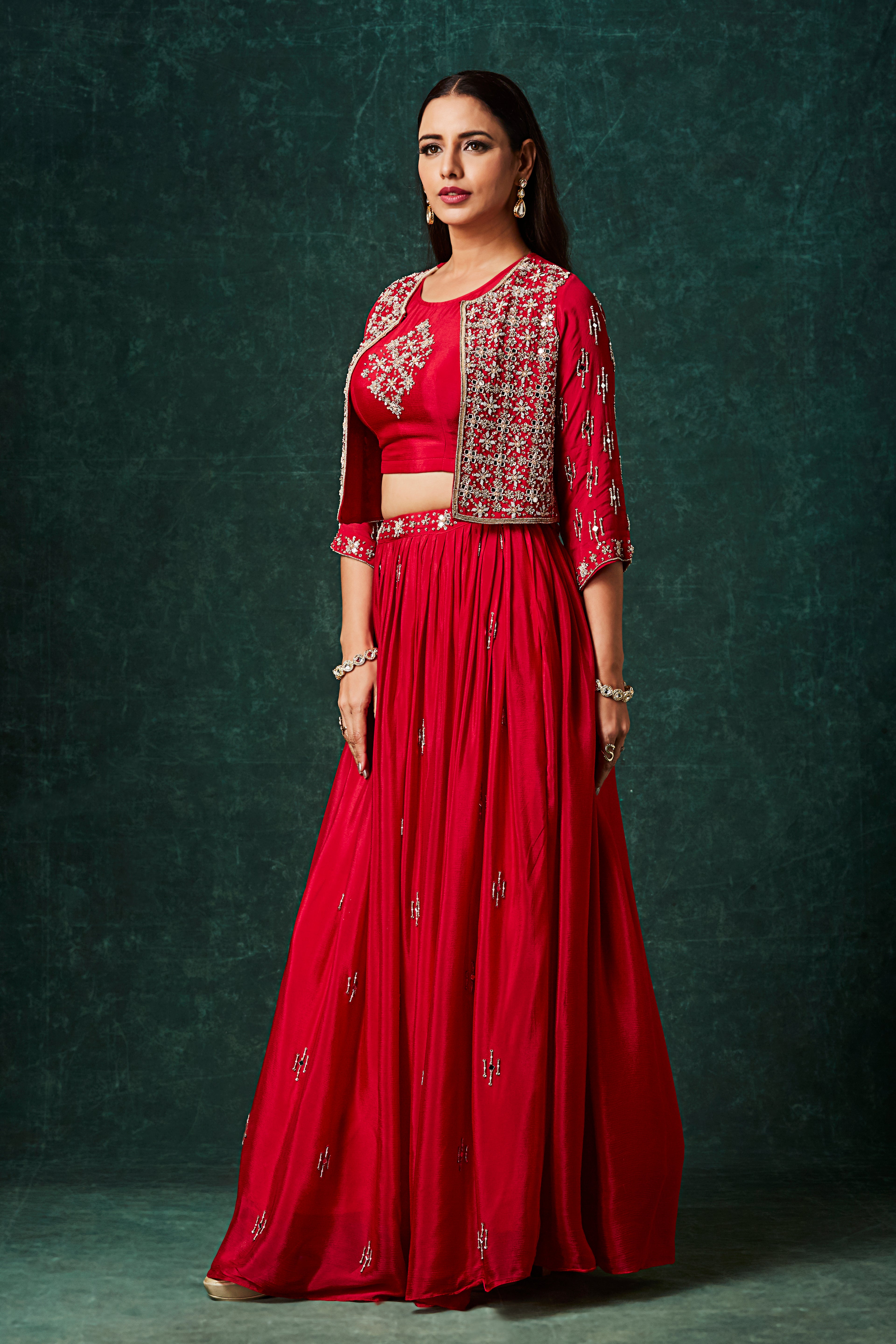 The Crimson Red Lehenga Set with Embroidered Jacket