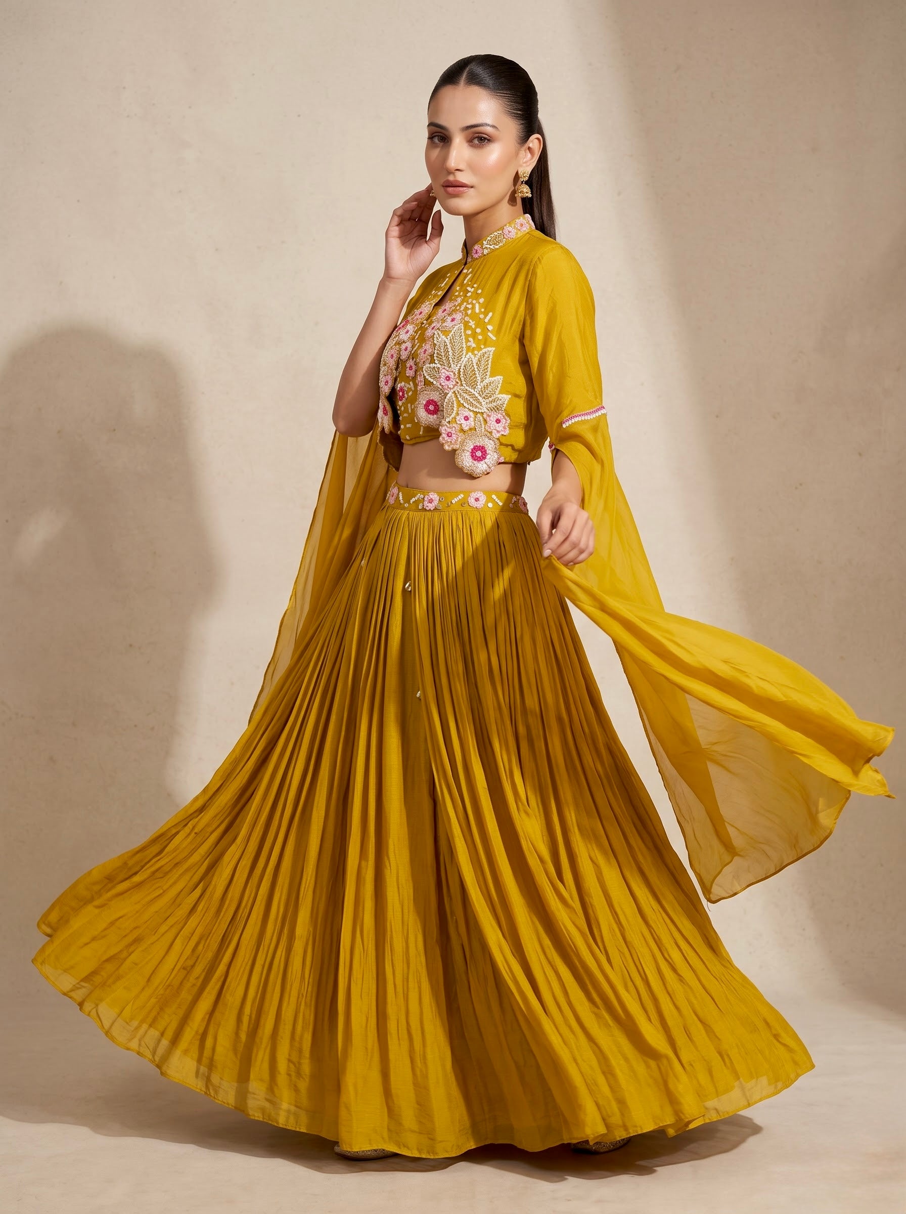 Mustard Pure Georgette Crop Top Lehenga Set with Cape Sleeves & Floral Embroidery