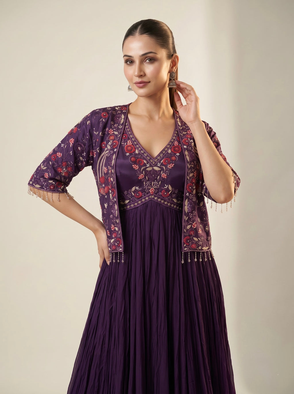 Purple Pure Georgette Anarkali Gown with Embroidered Jacket & Pearl Tassels