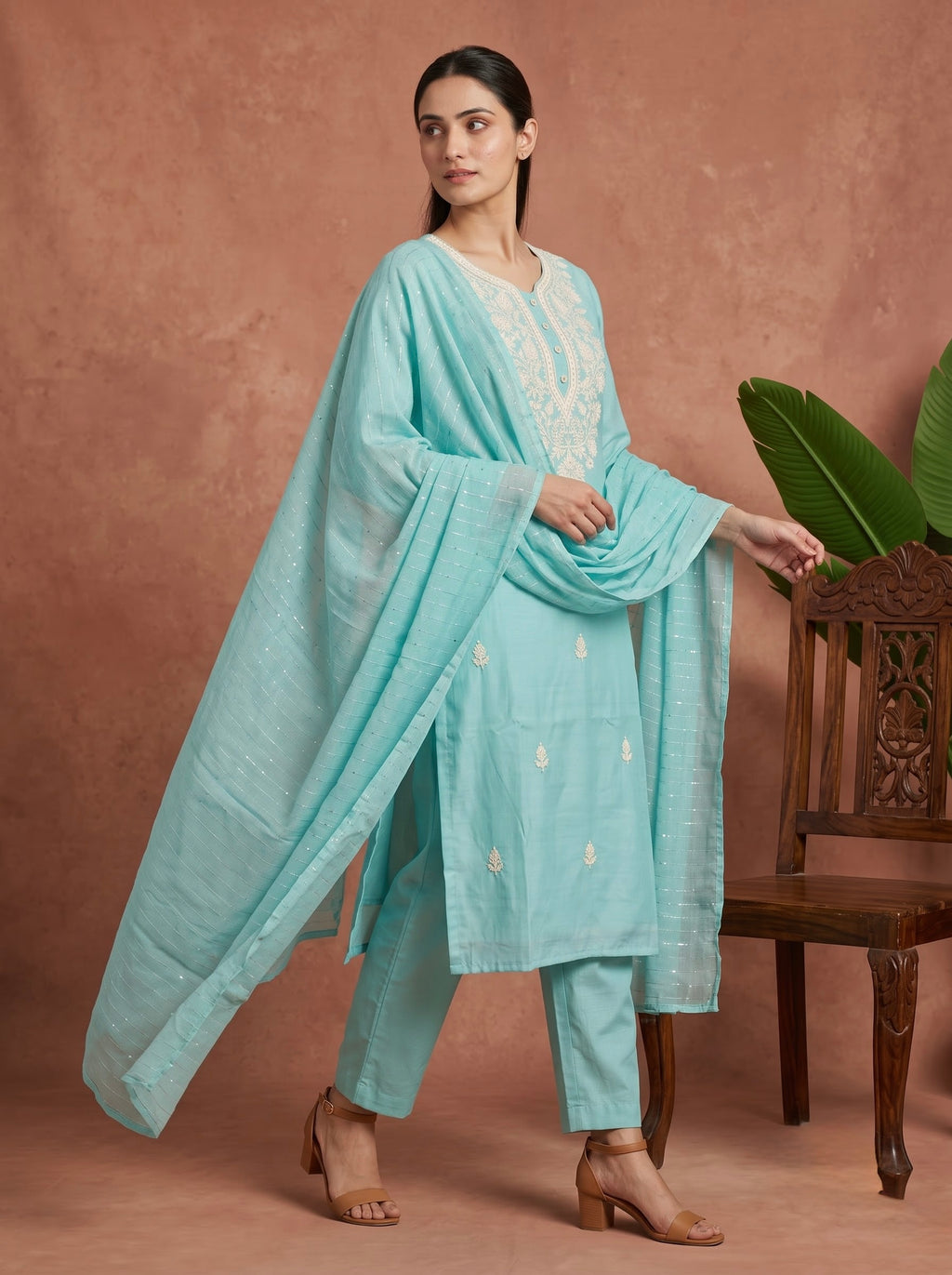 Sky Blue Chikankari Embroidered Slub Cotton Kurta Set