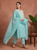 Sky Blue Chikankari Embroidered Slub Cotton Kurta Set