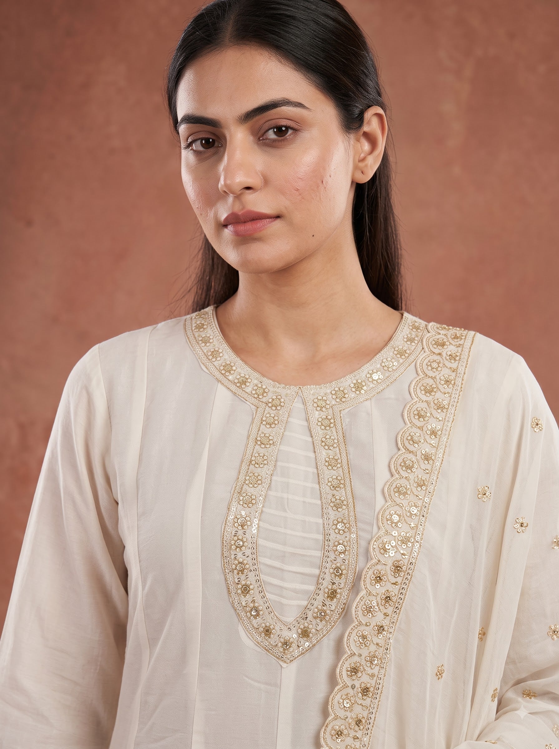 Ivory Zari Embroidered Silk Anarkali Kurta Set