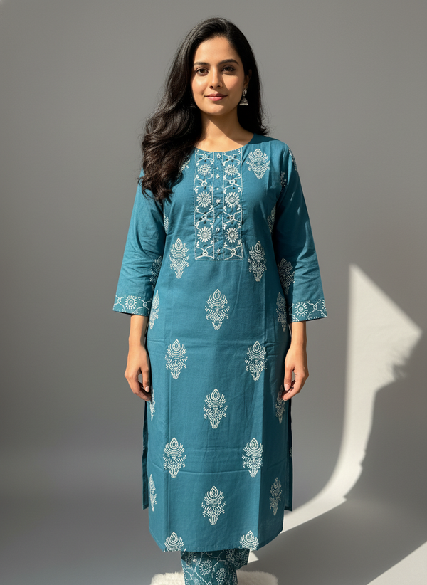 Teal Blue Mandala Print Cotton Kurta Set with Dupatta
