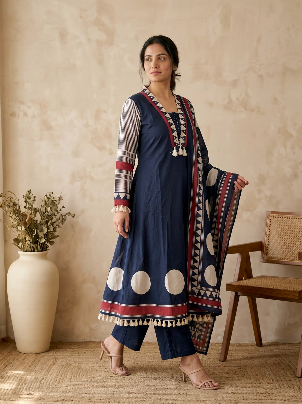 Navy Blue Polka Dot A-Line Premium Cotton Kurta Set