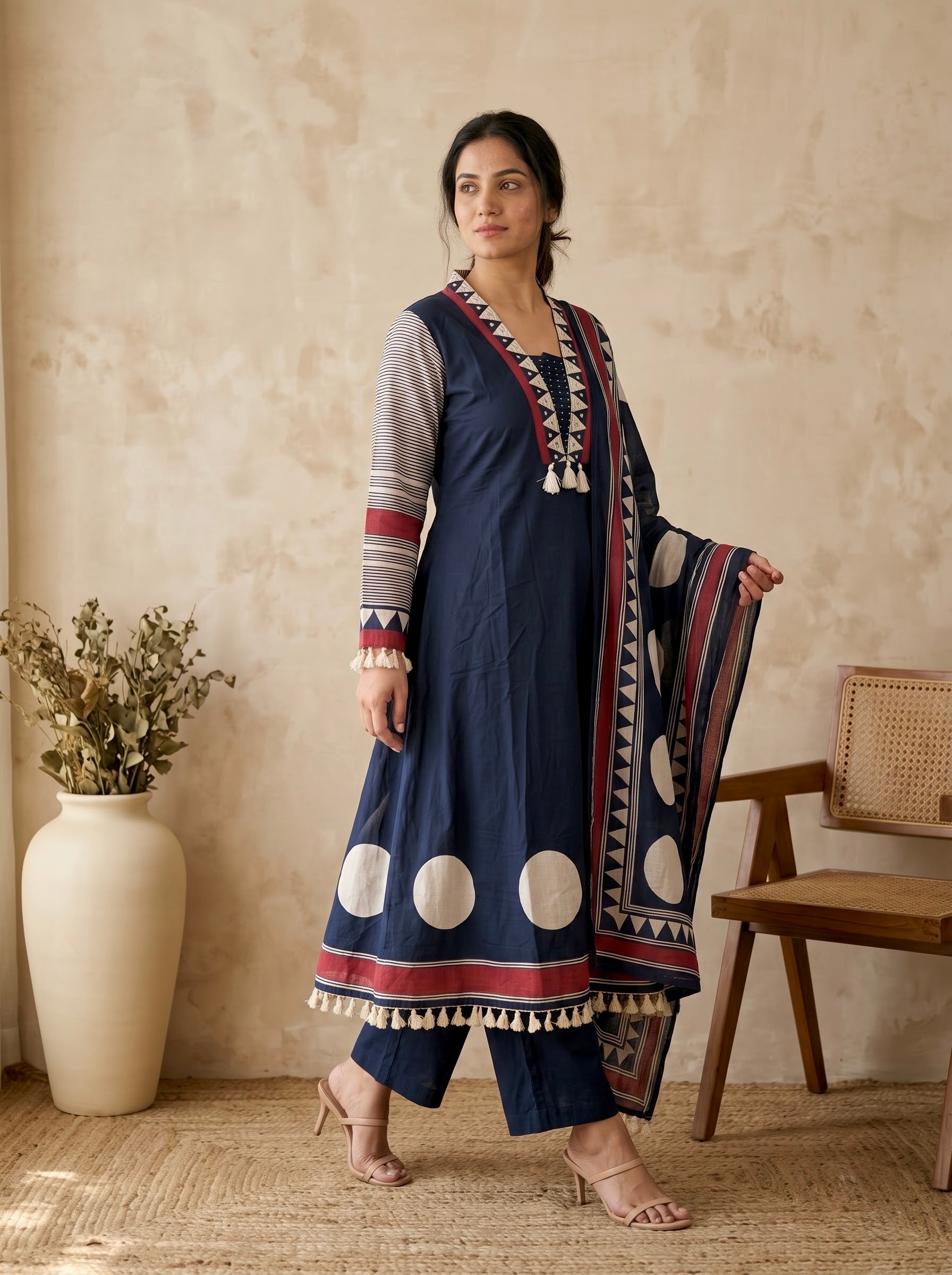 Navy Blue Polka Dot A-Line Premium Cotton Kurta Set