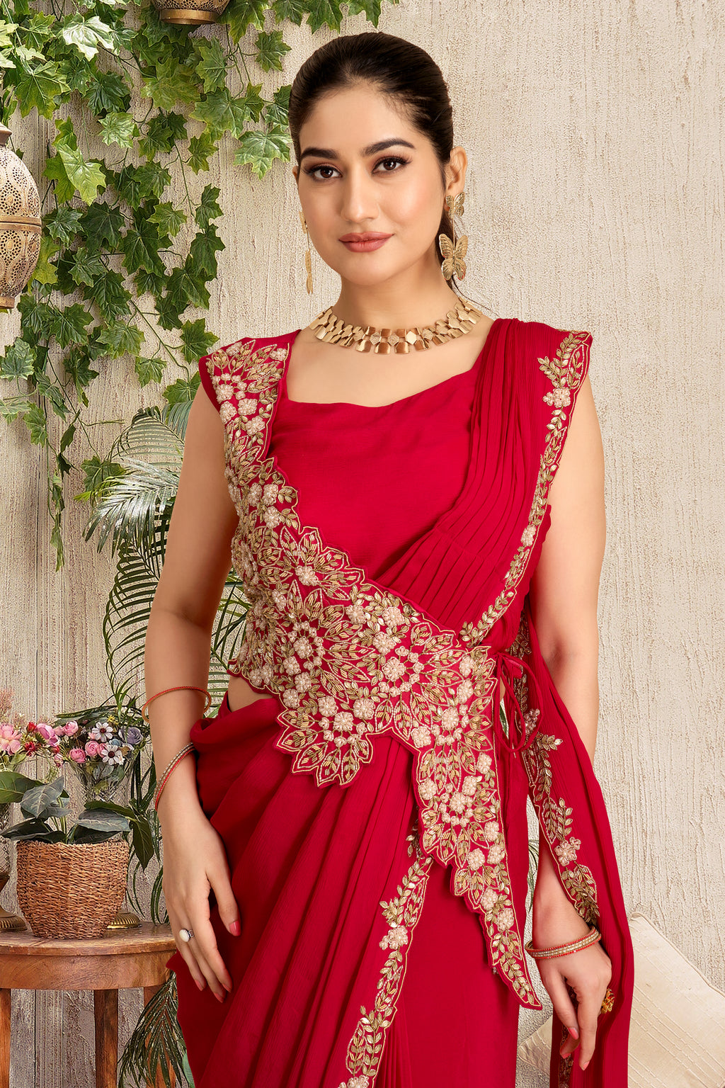 The Scarlet Red Draped Saree Gown with Gold Embroidery
